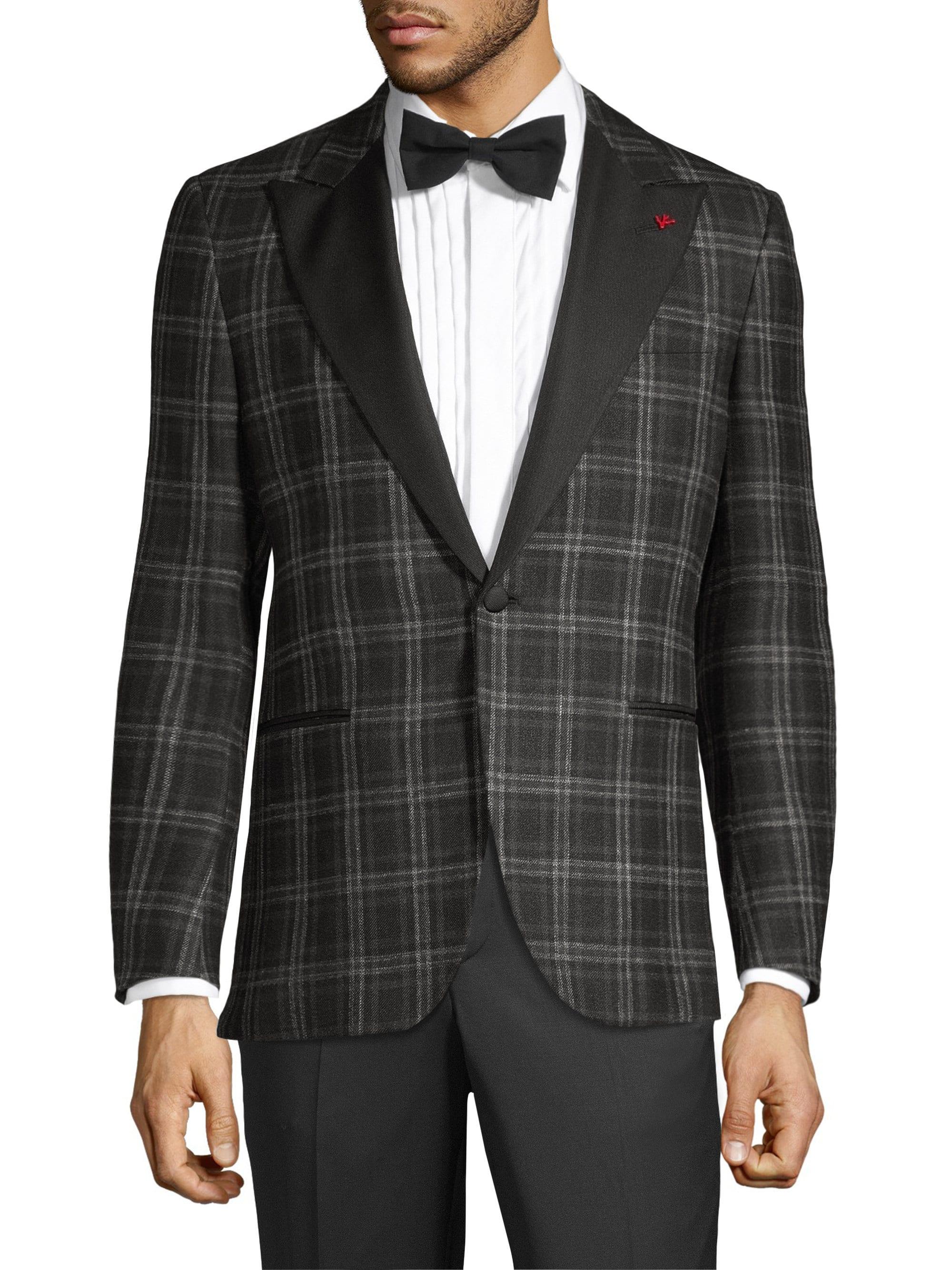 Isaia Plaid Single-breasted Wool, Silk & Linen Dinner Jacket in Black ...