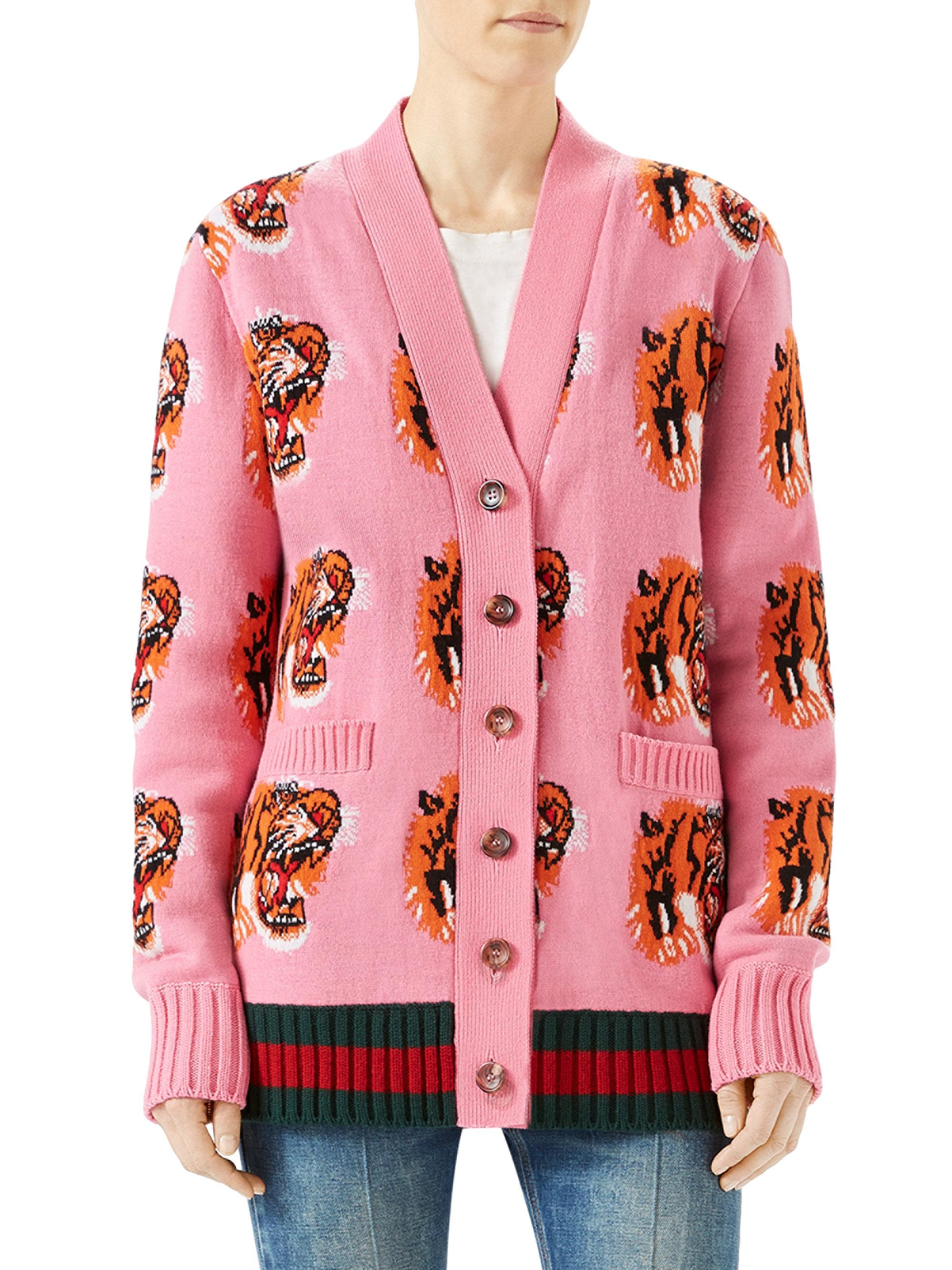 Lyst - Gucci Tiger Face Embroidered Cardigan in Pink