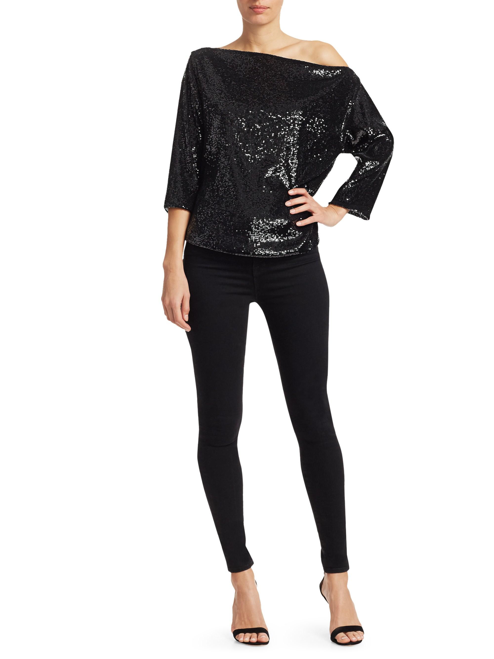A.L.C. Zoey Offshoulder Sequin 3/4sleeve Top in Black Lyst