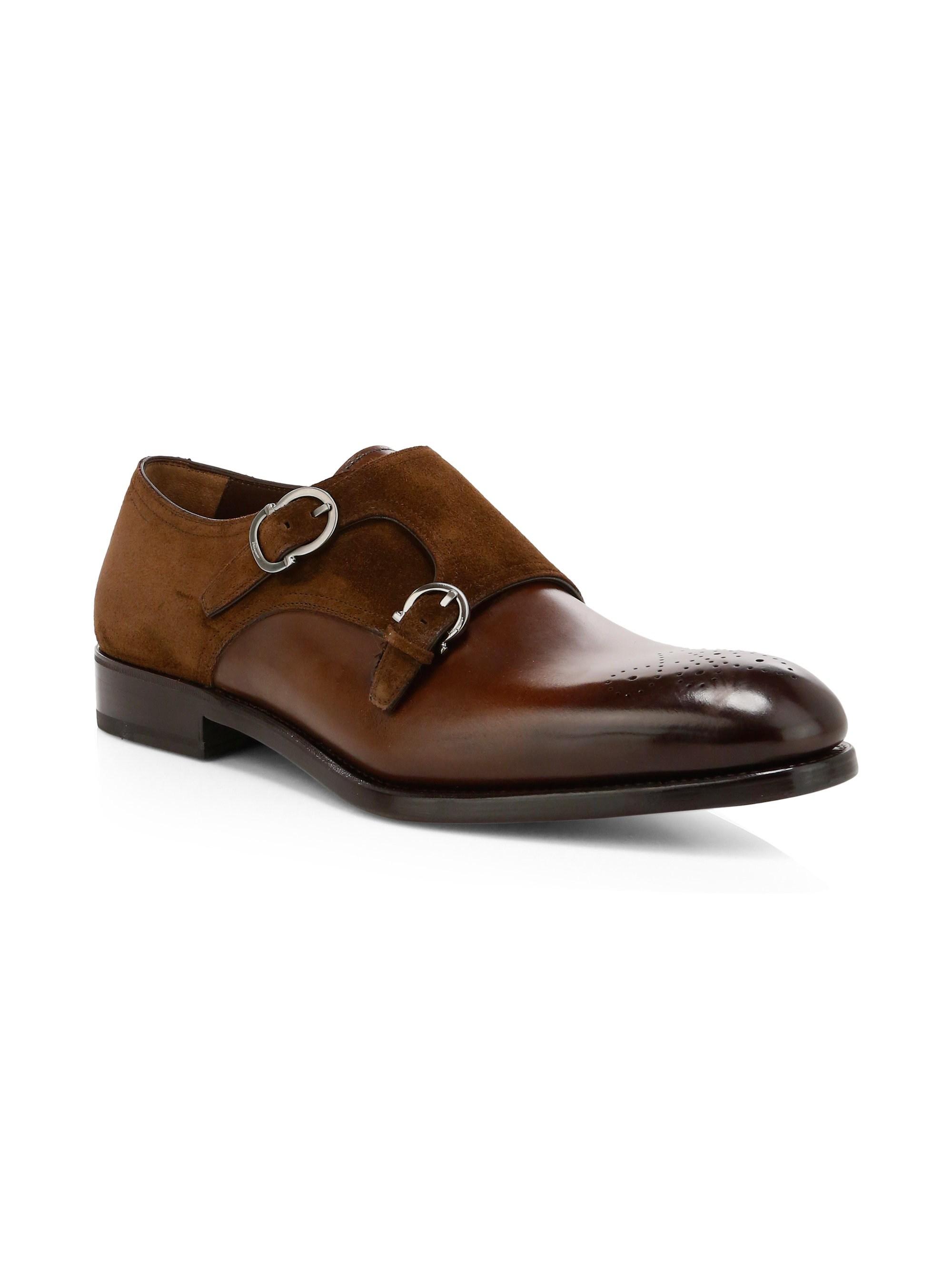 Ferragamo Brighton Double Monk Strap Leather Dress Shoes in Brown for