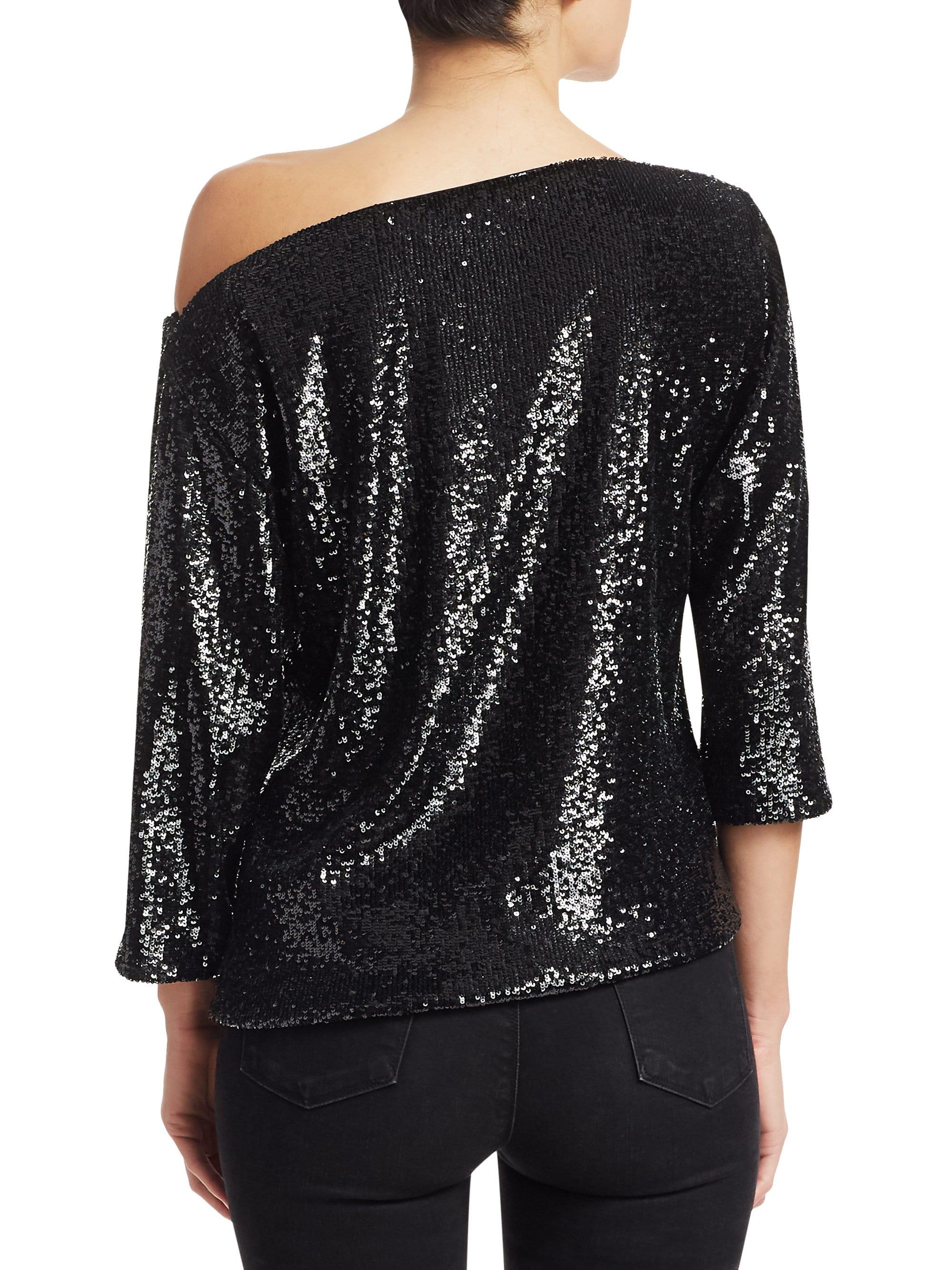 A.L.C. Zoey Off-shoulder Sequin 3/4-sleeve Top in Black - Lyst