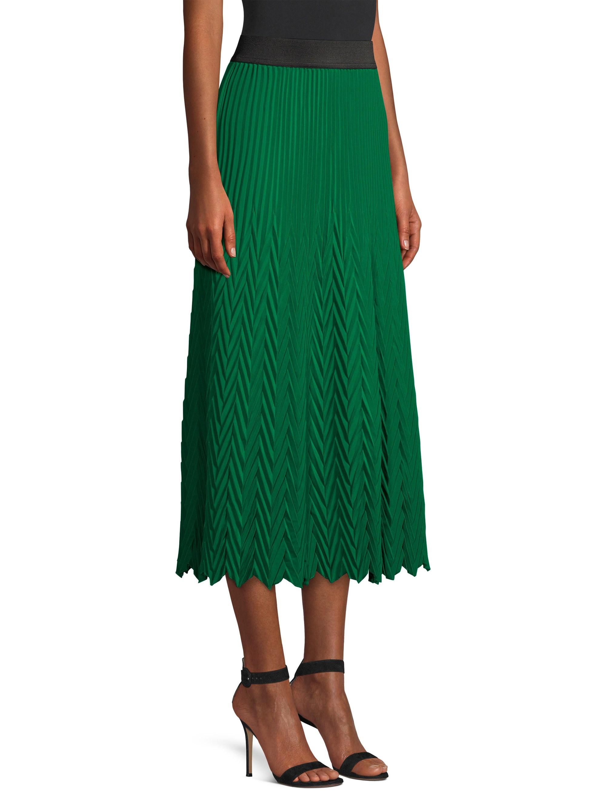 Maje Synthetic Herringbone Pleated Midi Skirt in Green Lyst