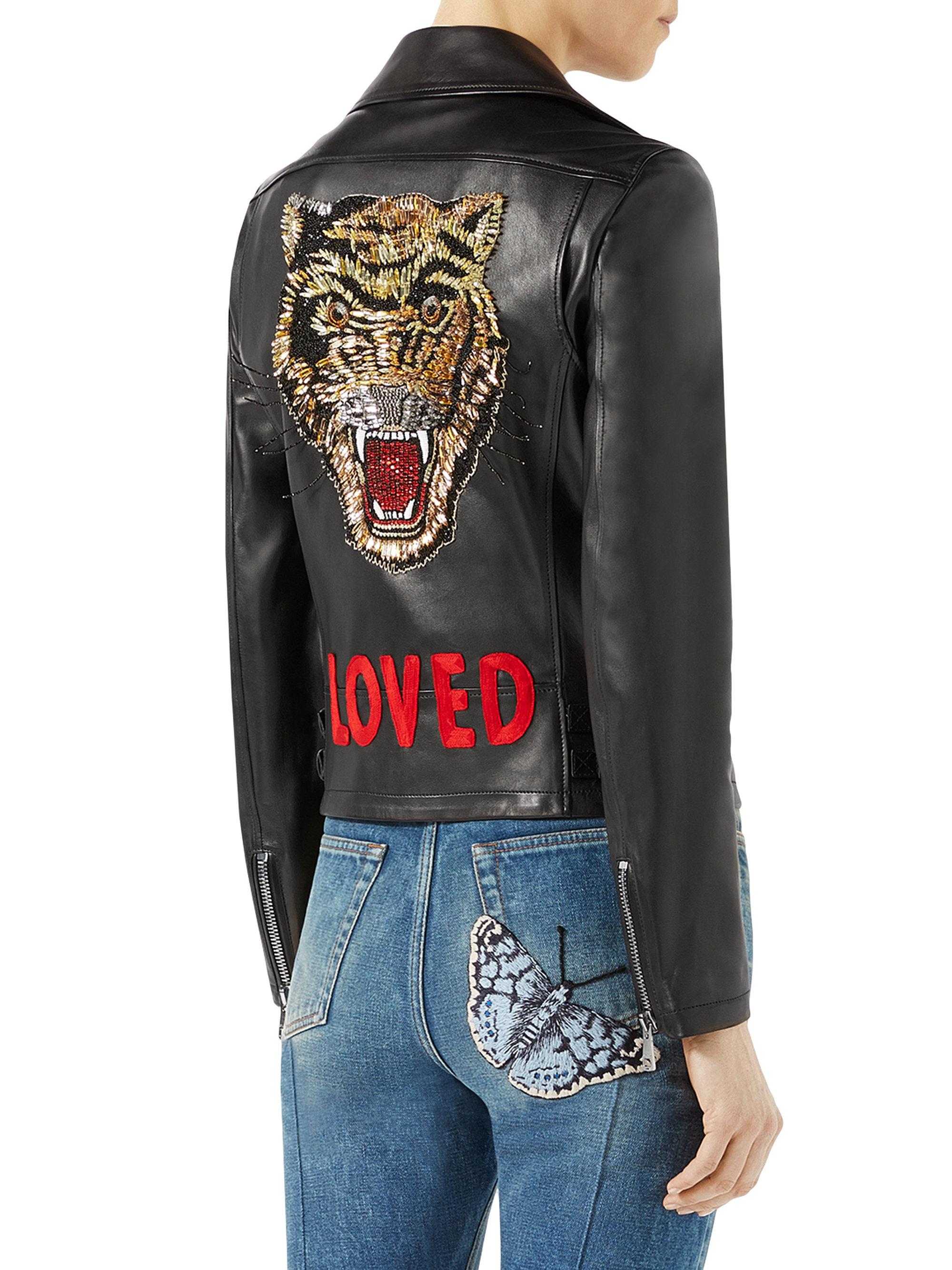 Lyst Gucci Loved Tiger Embroidered Leather Jacket In Black Gucci Black Loved Tiger Embroidered Leather Jacket Lyst View Fullscreen