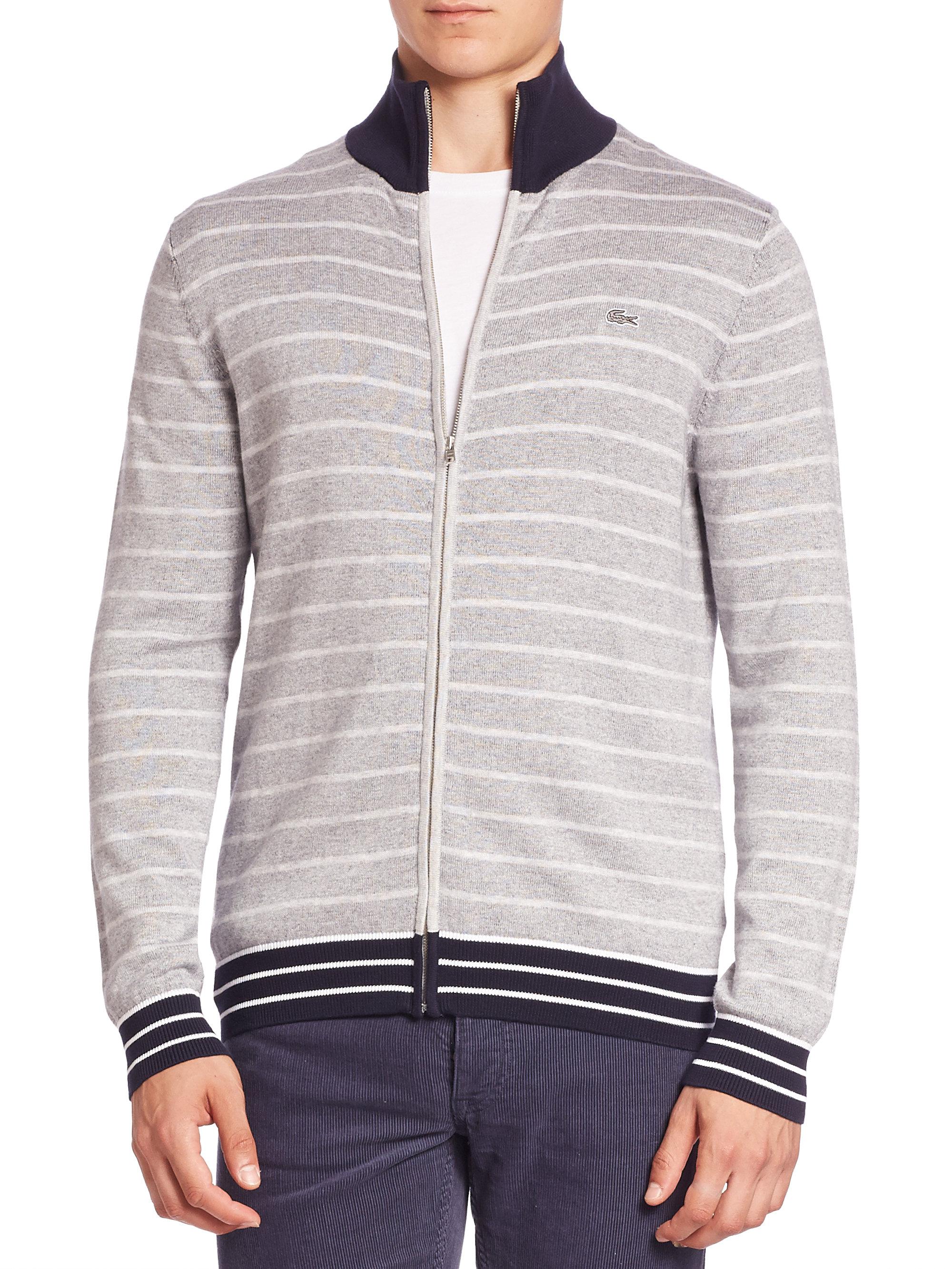 Lacoste Double-face Chine Striped Zip-front Cardigan in Gray for Men - Lyst