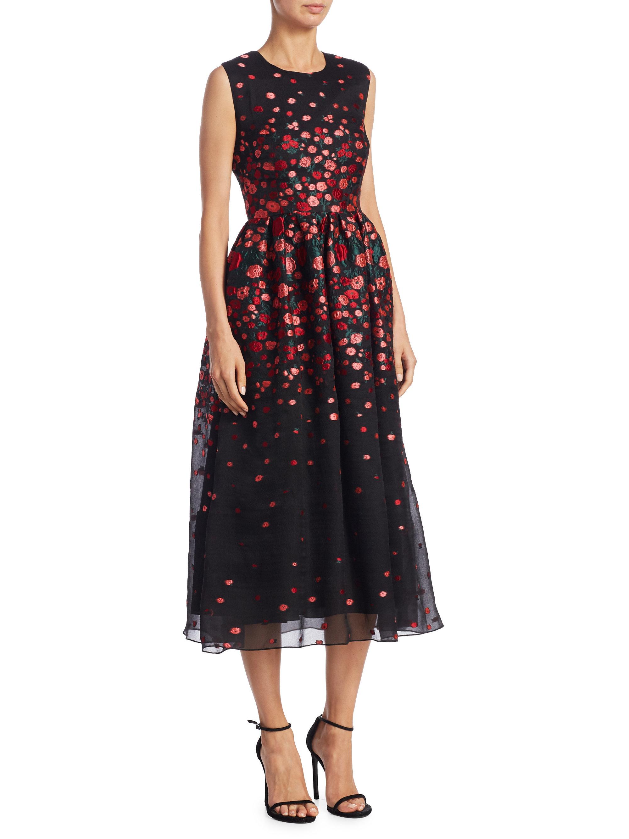 Lyst - Lela Rose Floral Embroidered Silk Dress in Black - Save 71%