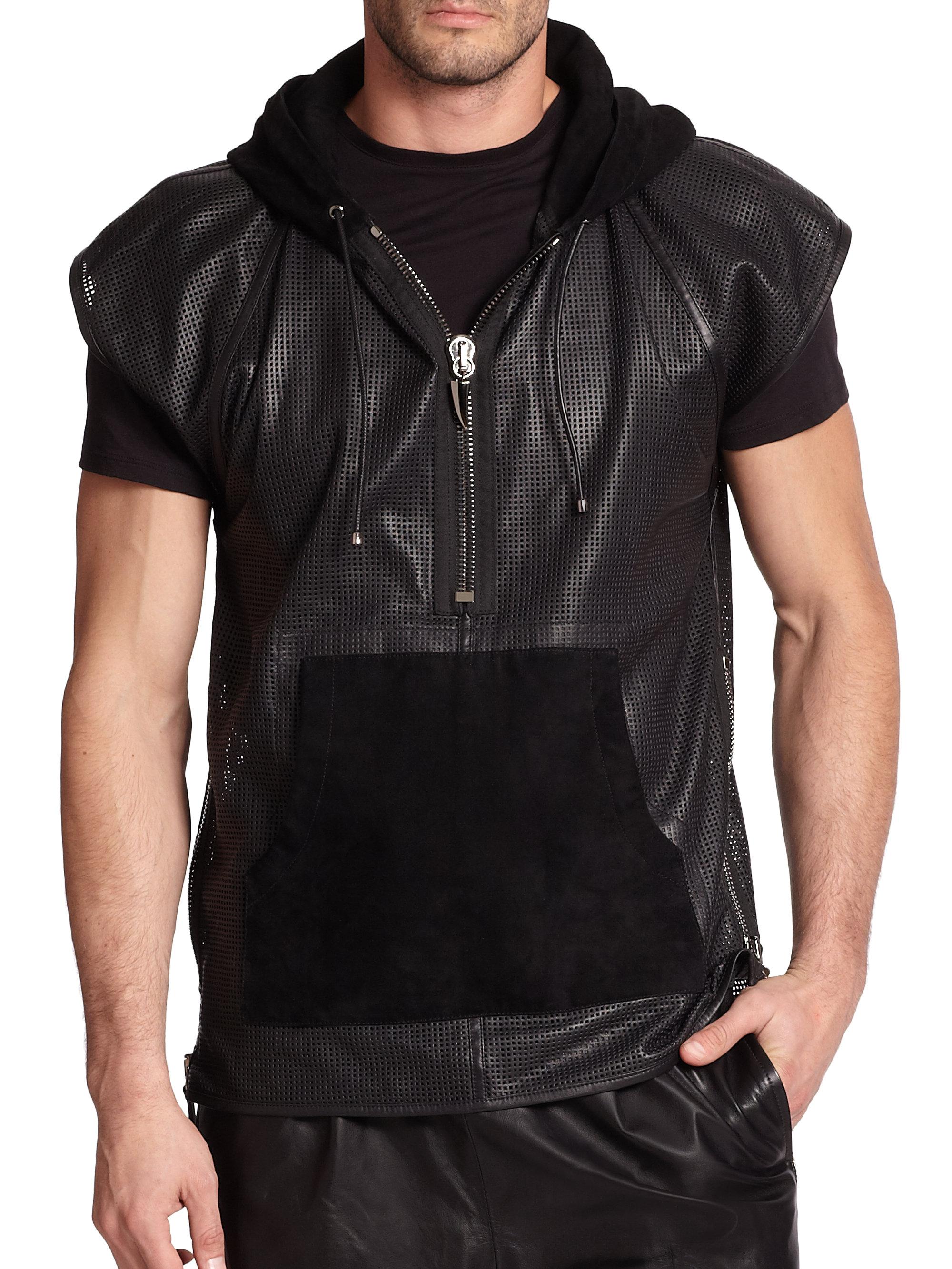 Lyst - Giuseppe Zanotti Perforated Short-sleeve Leather Hoodie in Black ...