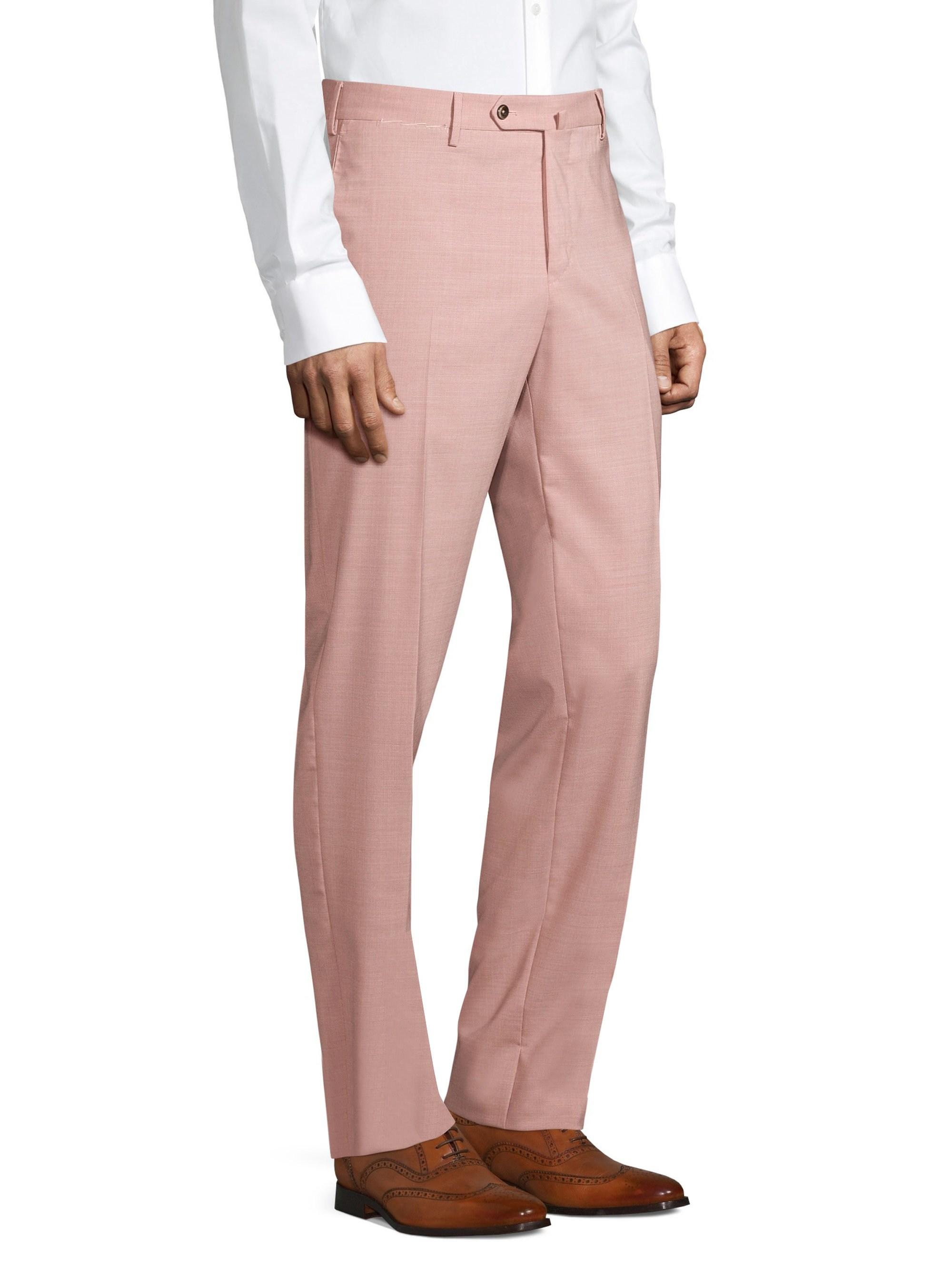 salmon pink trousers