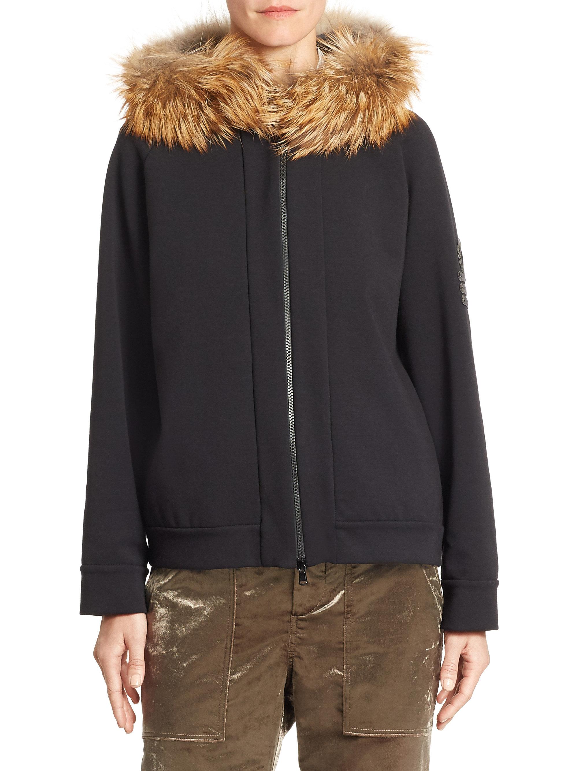 Lyst - Brunello Cucinelli Fox Fur-trim Jersey Zip Hoodie in Black