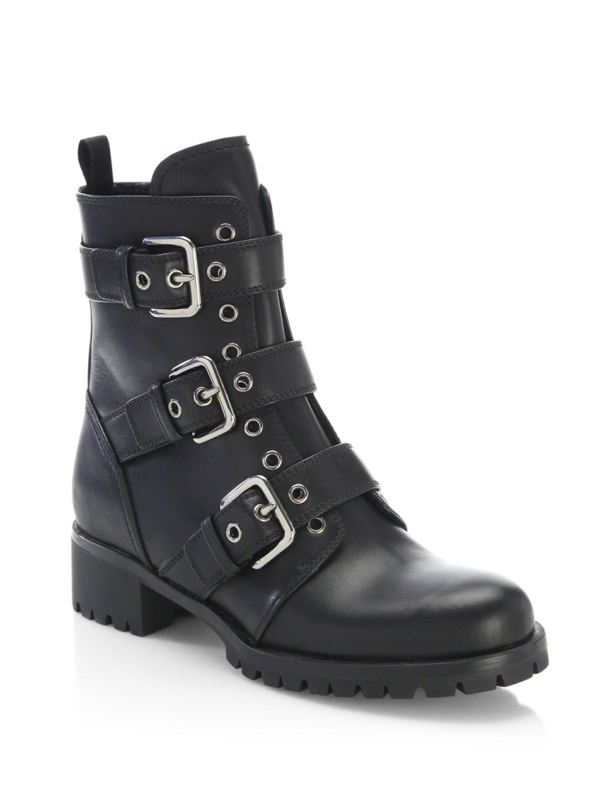 Prada Grommet Leather Combat Boots in Black - Lyst