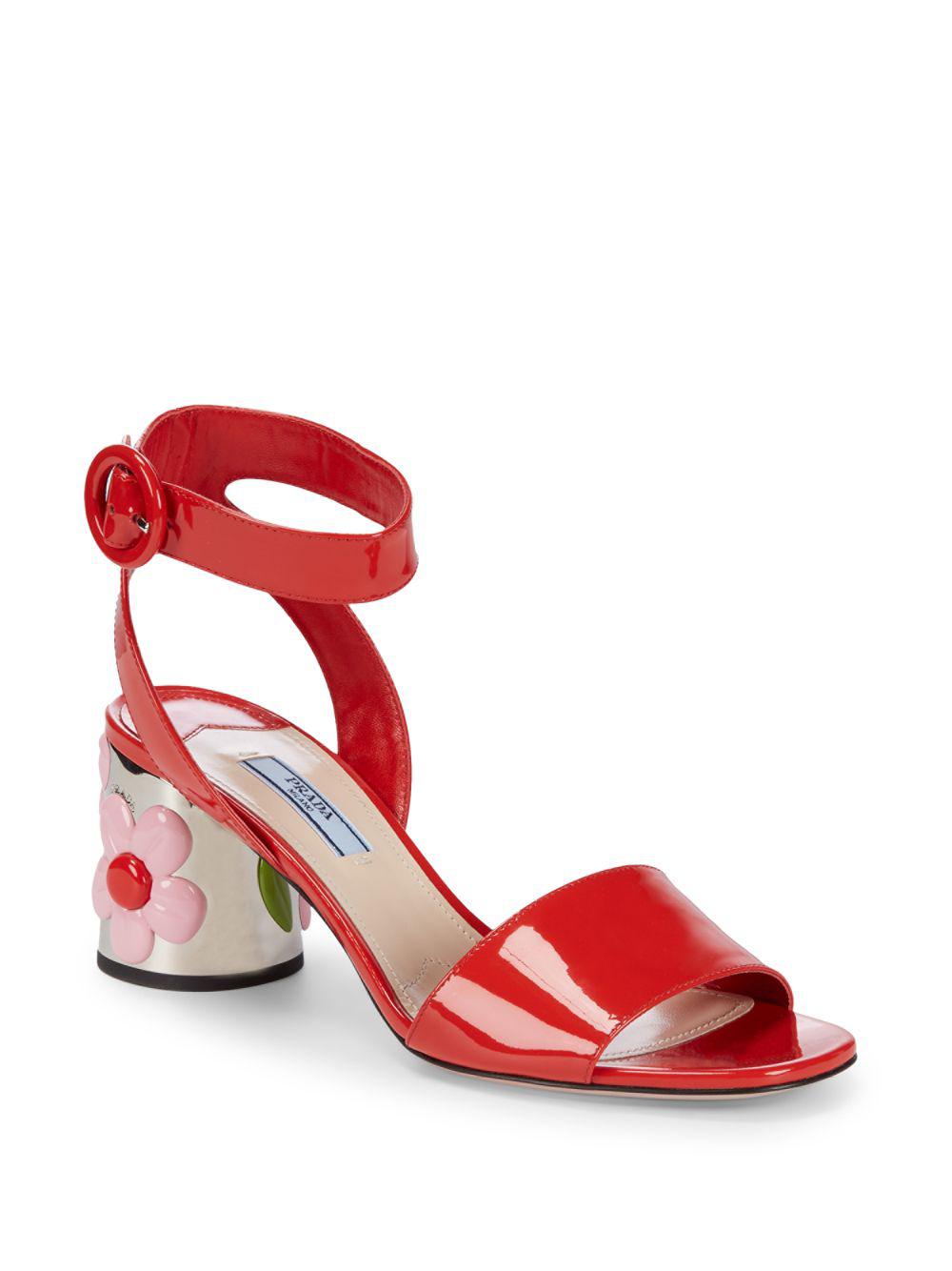 Prada Flower Heel Patent Leather Sandals in Red - Lyst