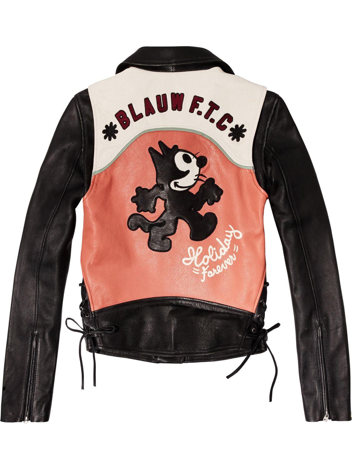 Scotch & Soda Statement Leather Biker Jacket Felix The Cat in Black Lyst