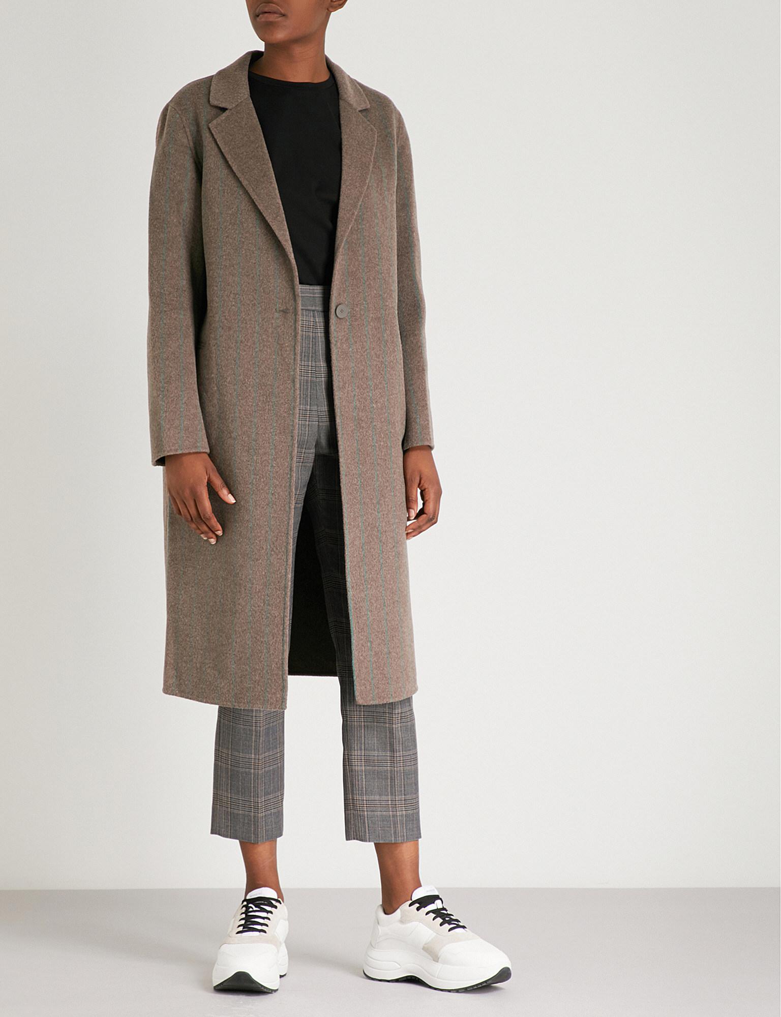 natural striped-pattern brushed-wool coat - lyst