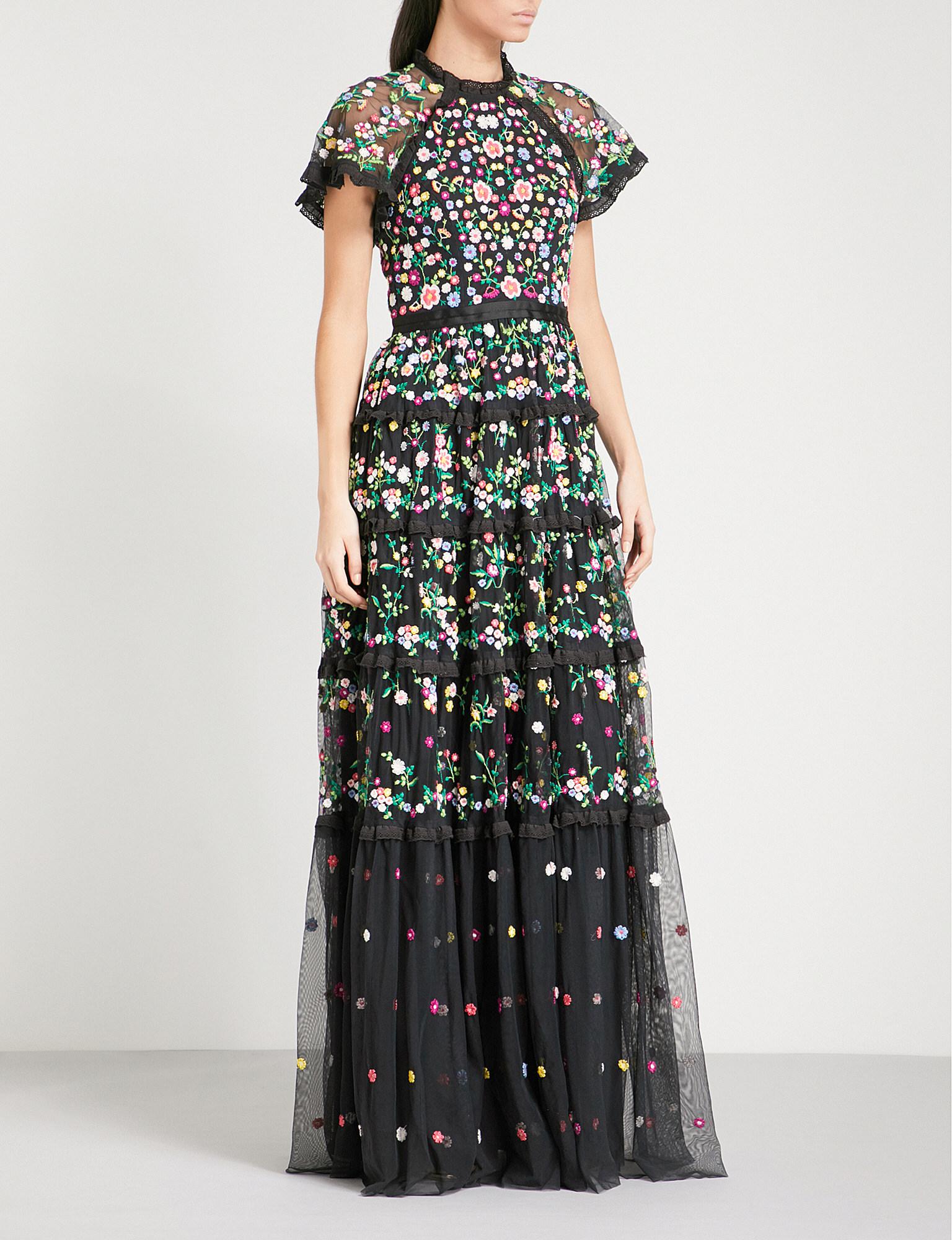 Lyst - Needle & Thread Lazy Daisy Embroidered Tulle Gown in Black