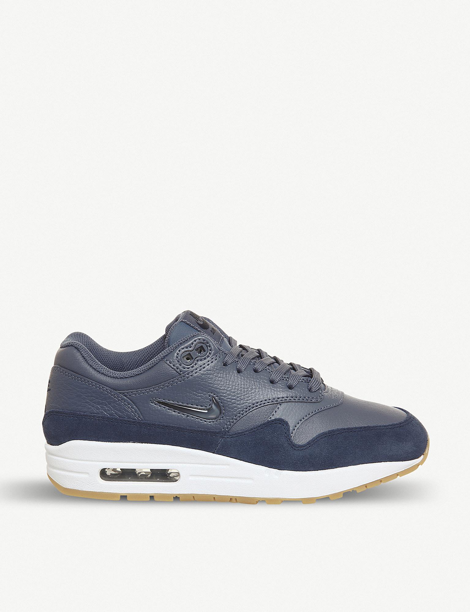 Lyst Nike Air Max 1 Jewel Leather And Suede Trainers in Blue for Men Lyst Nike Air Max 1 Jewel Leather And Suede Trainers in Blue for Men