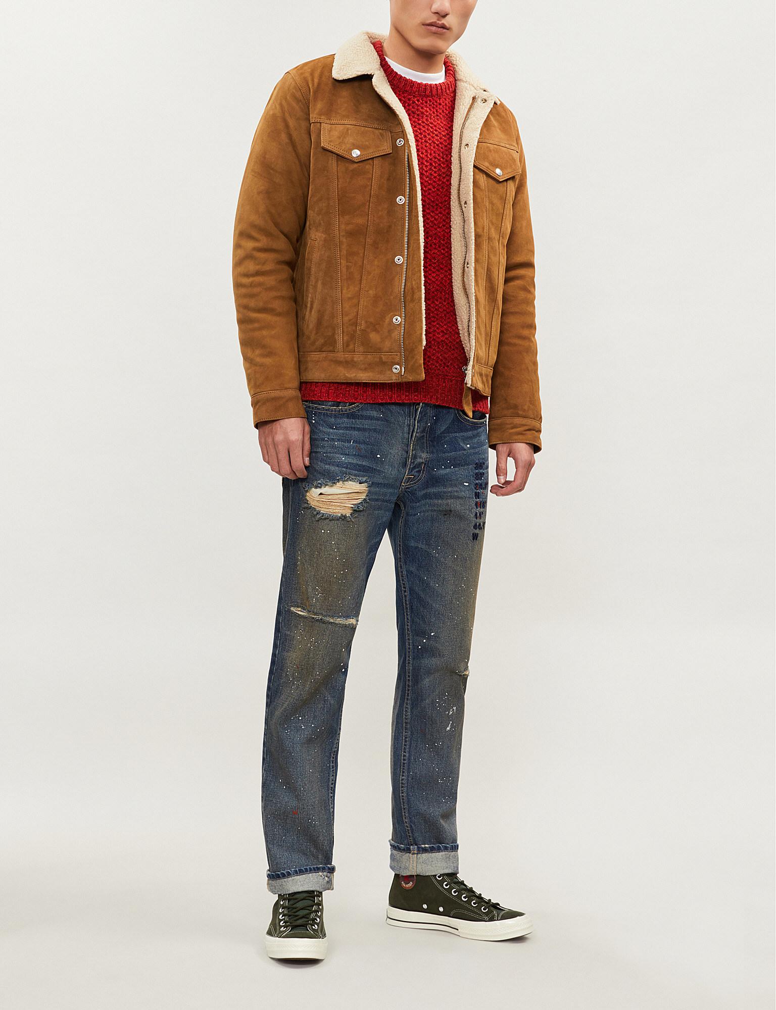 Lyst - Schott Nyc Suede And Shearling Trucker Jacket in Blue for Men