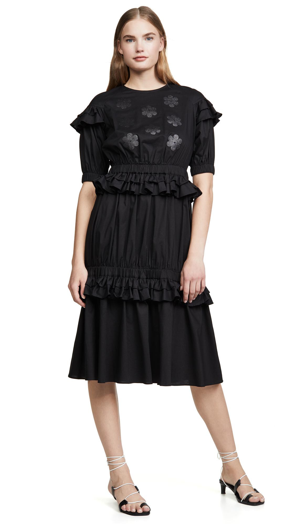 Paskal Cotton Short Sleeve Frilled Dress With Floral Appliques in Black ...