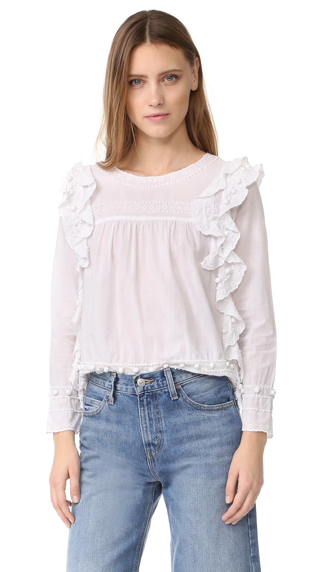 OOTN Puff Long Sleeve White Tunic Blouse Women Eyelet