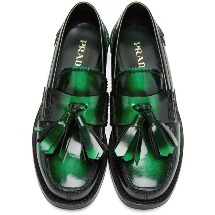 Prada Leather Green Tassel Loafers Lyst