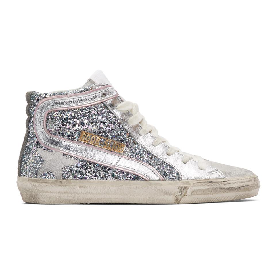 Golden Goose Deluxe Brand Silver And Pink Glitter Slide Sneakers in ...