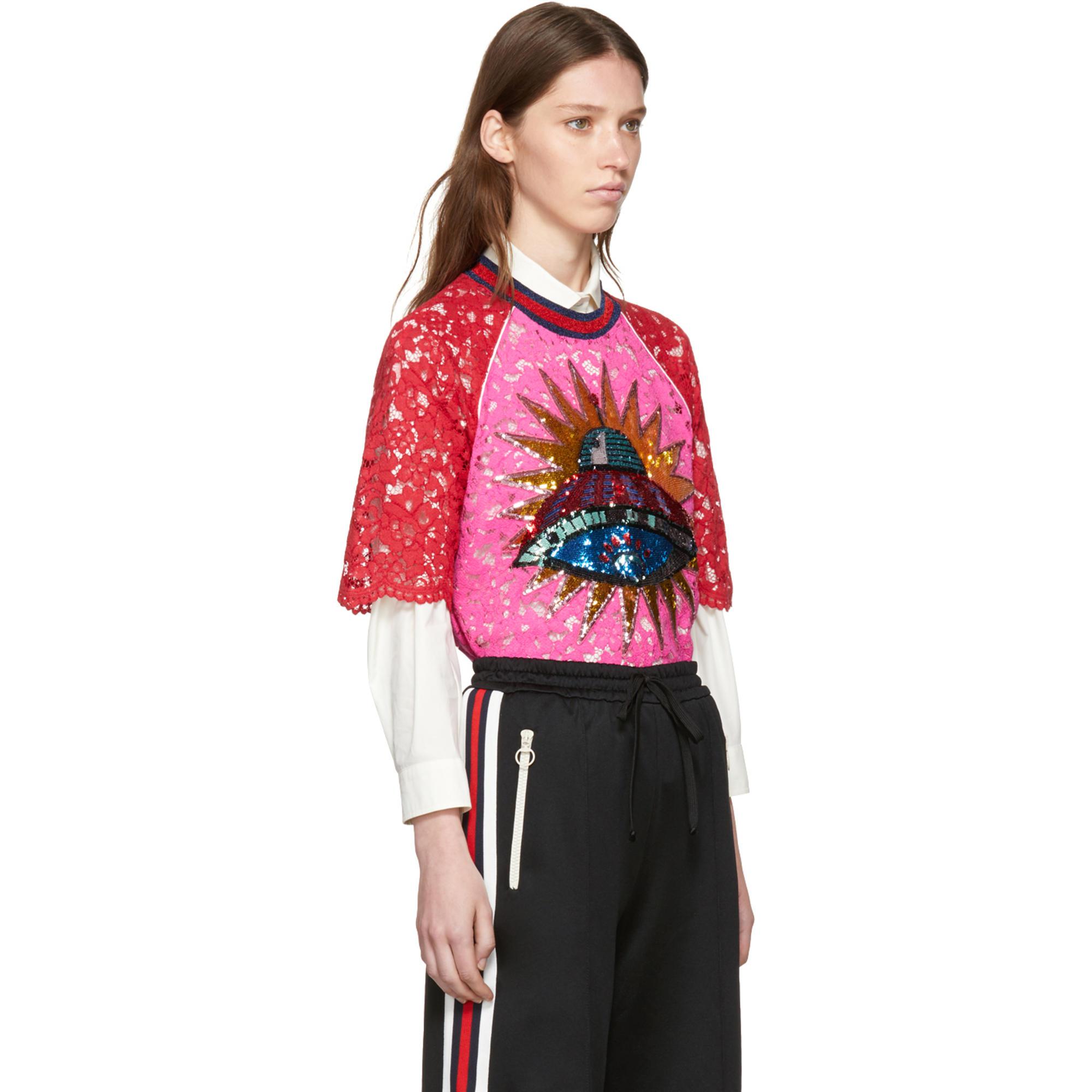 Lyst - Gucci Pink & Red Lace Ufo Blouse in Pink