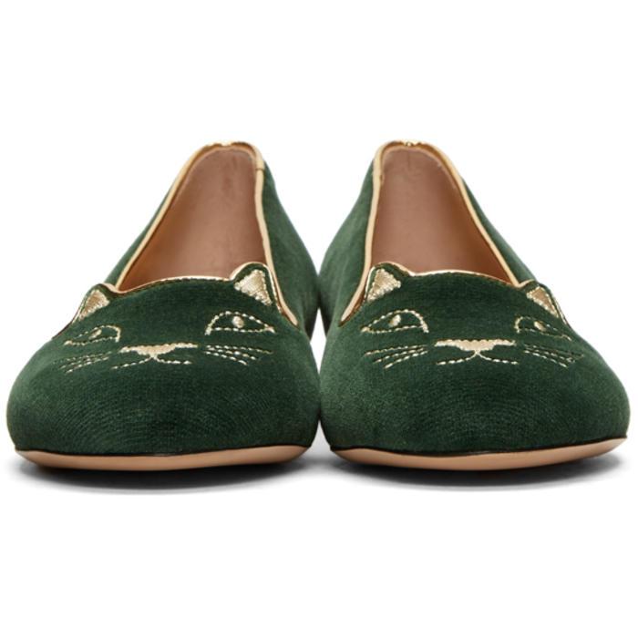 Lyst - Charlotte Olympia Green Velvet Kitty Flats in Green