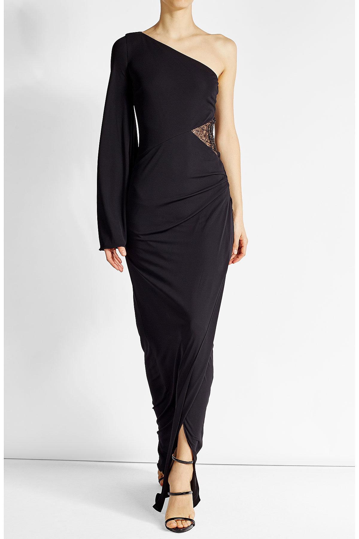 Roberto cavalli Floor Length Dress With Asymmetric Sleeve in Black | Lyst
