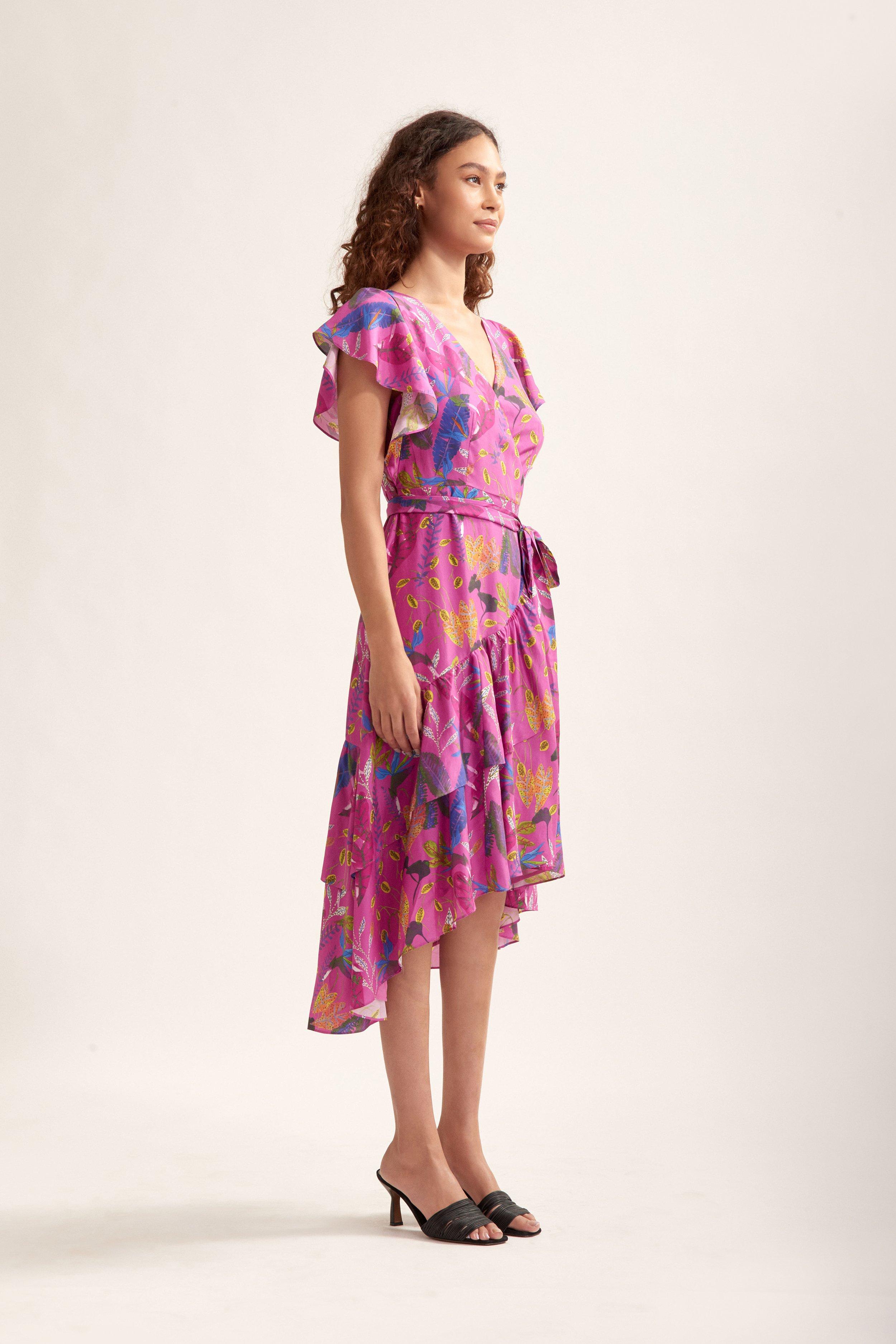 Tanya Taylor Silk Dita Printed Short-sleeve Wrap Dress in Purple - Save ...