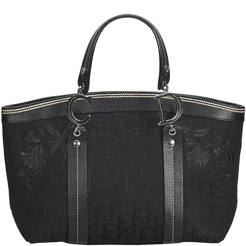 Dior Christian Black Embroidered Oblique Canvas Leather Everyday Bag in Black - Lyst