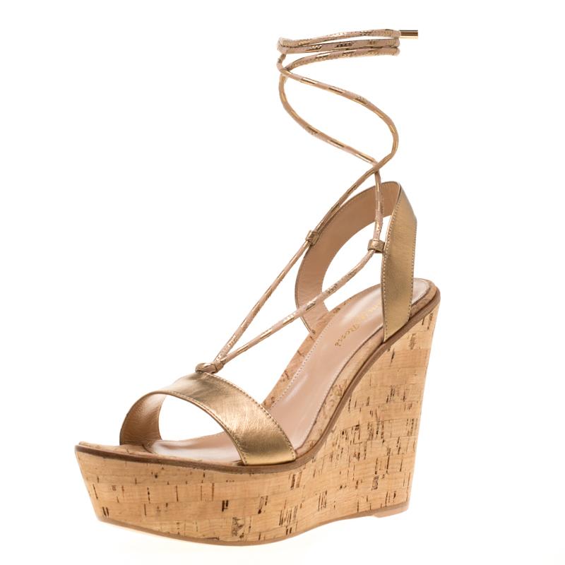 Gianvito Rossi Metallic Gold Leather Ankle Wrap Cork Wedge Sandals Size 39.5 in Metallic - Save 