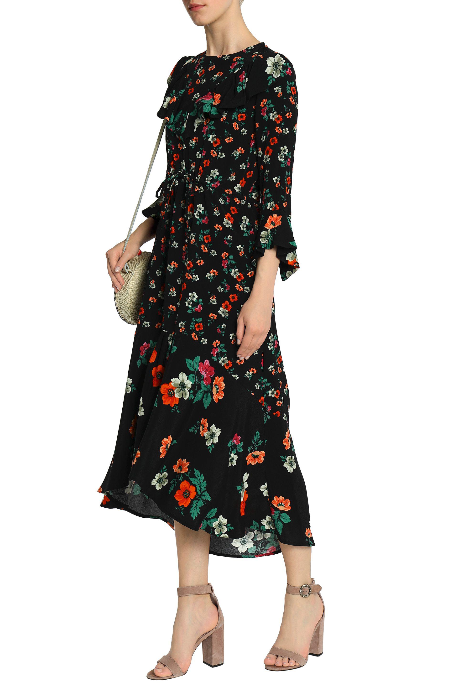 Maje Ruffle Floral-print Crepe Midi Dress in Black - Lyst