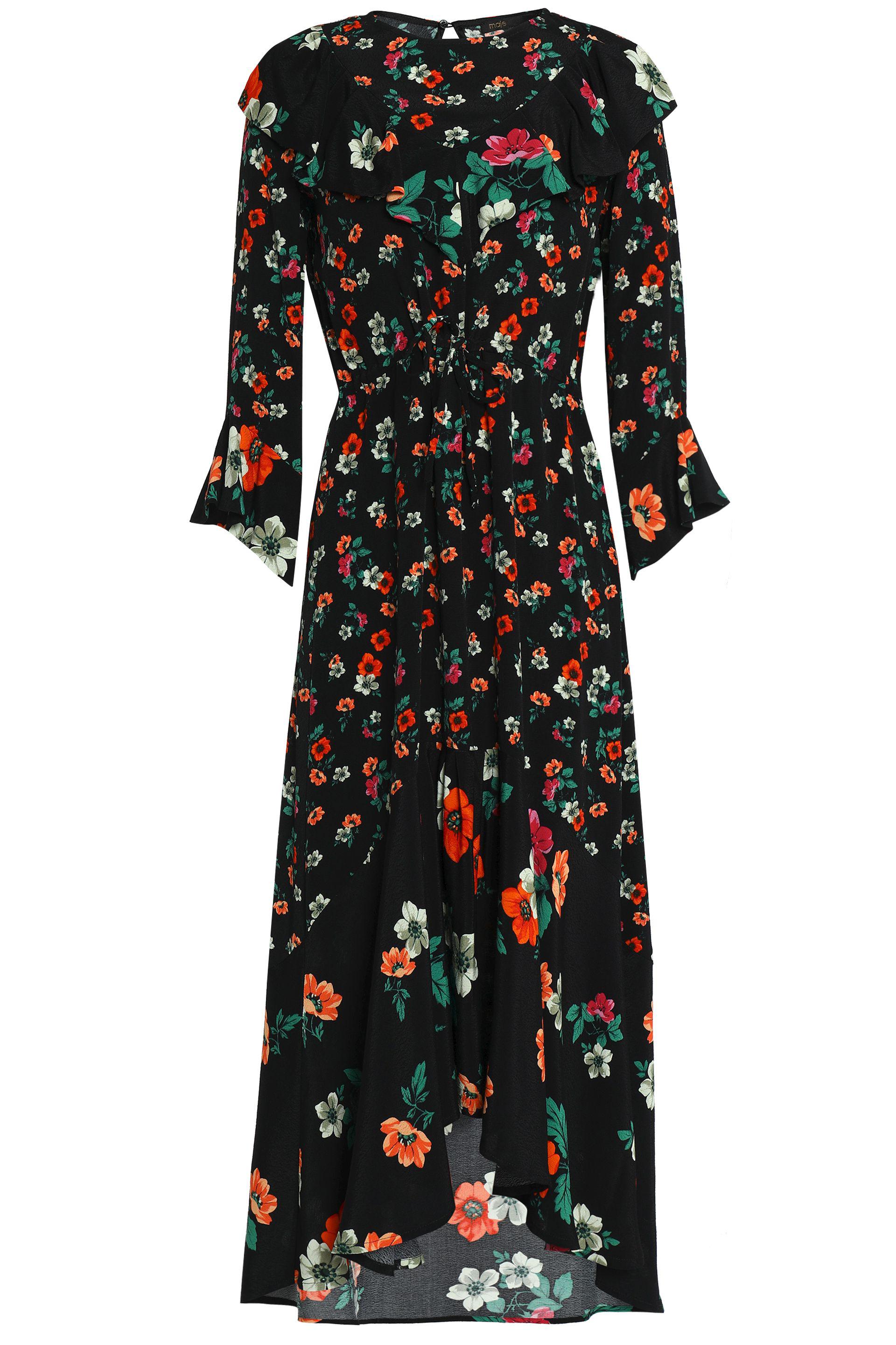 Maje Ruffle Floral-print Crepe Midi Dress in Black - Lyst