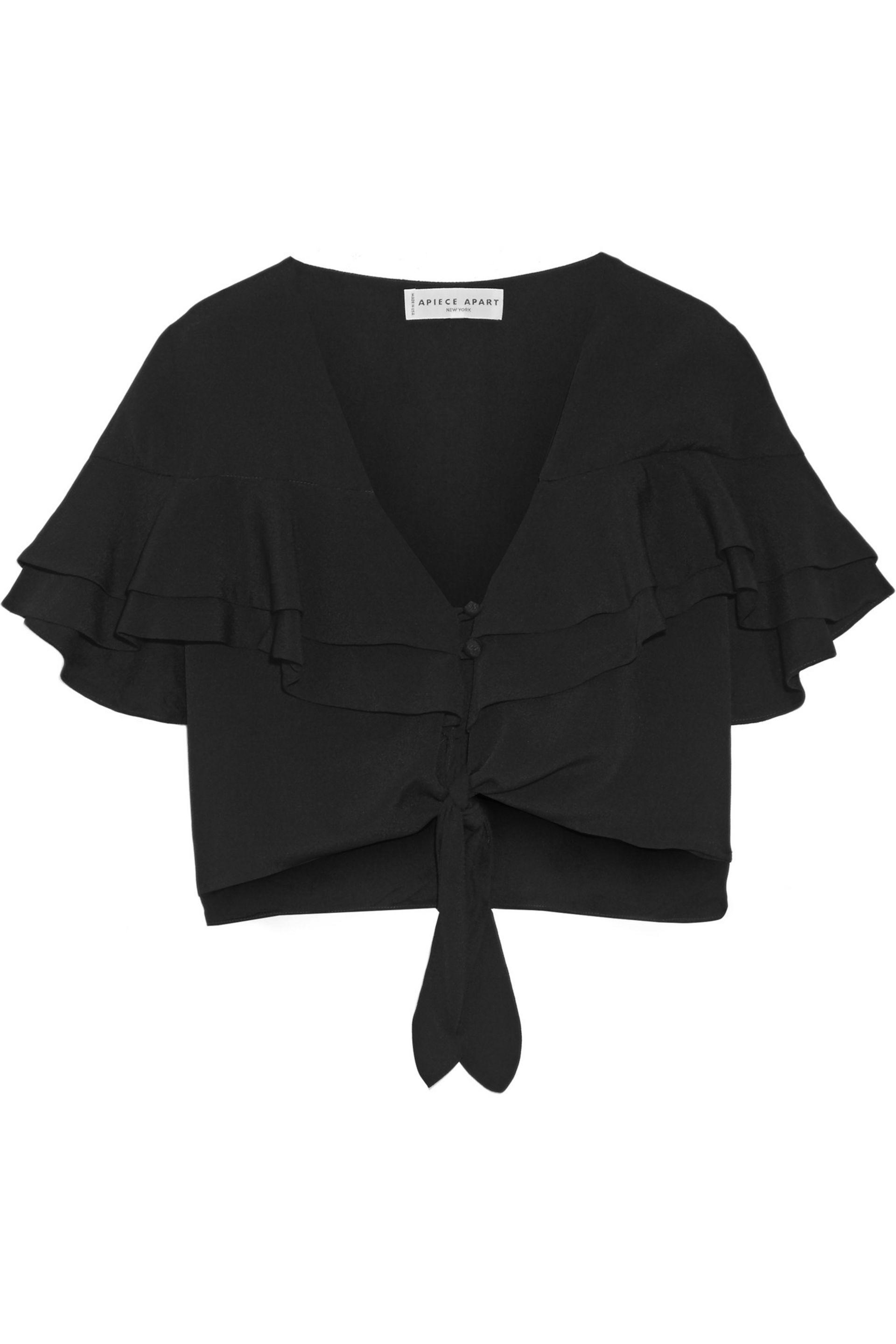 Apiece apart Mora Cropped Tiered Ruffled Crepe Top in Black - Save ... Apiece Apart. Women's Black Mora Cropped Tiered Ruffled Crepe Top