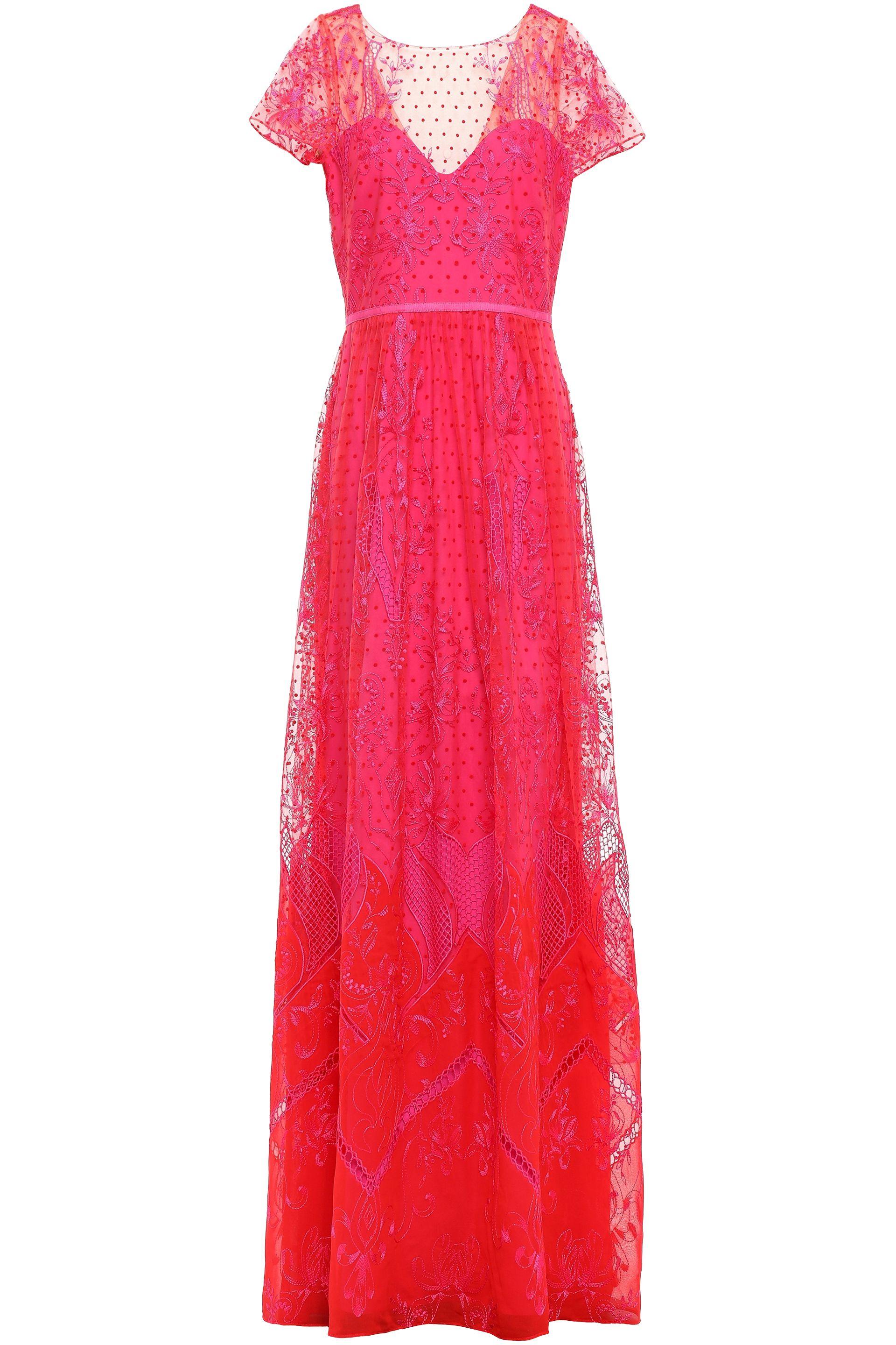 Women S Embroidered Flocked Tulle And Chiffon Gown Bright Pink Women S Embroidered Flocked Tulle And Chiffon Gown Bright Pink