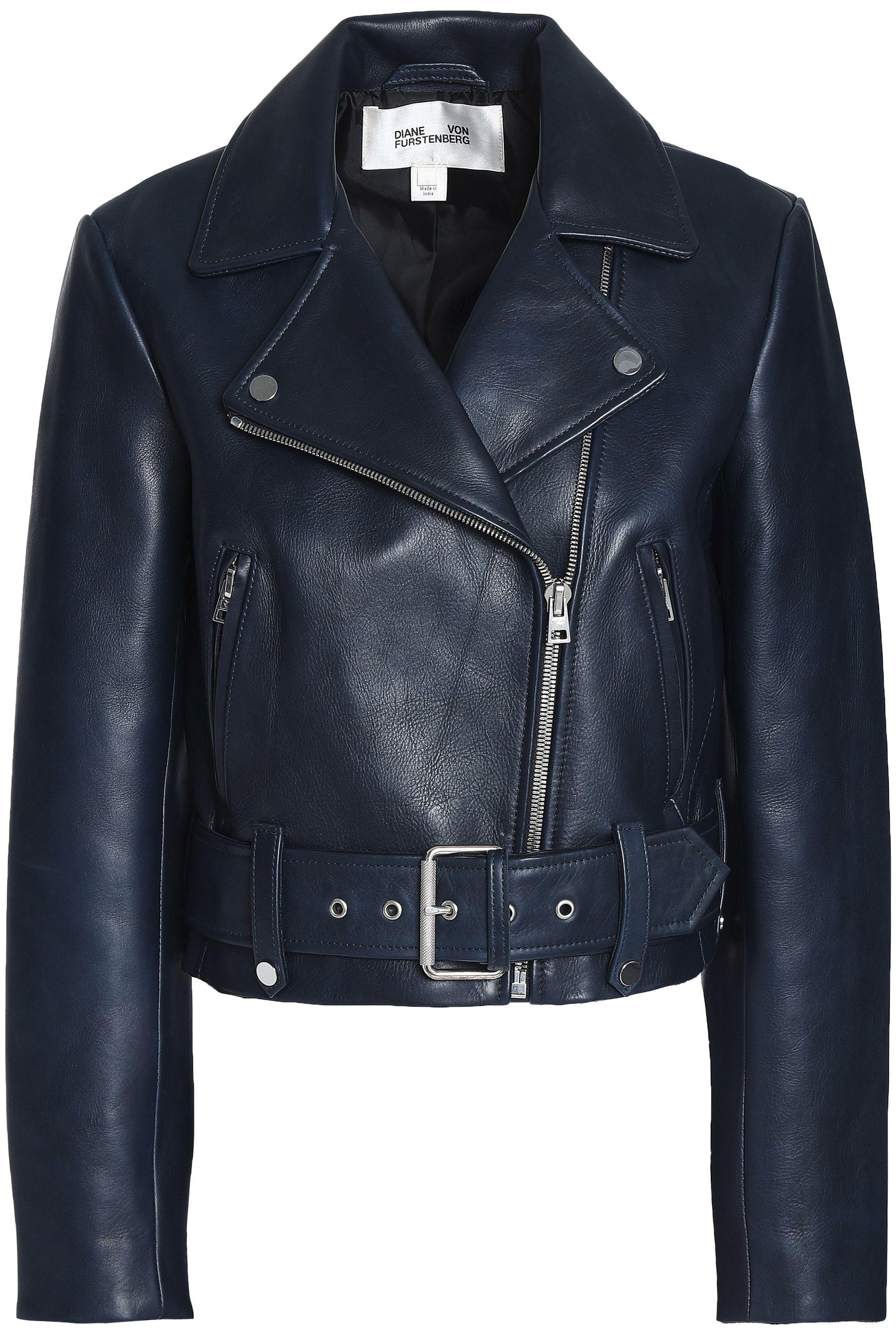 Diane von Furstenberg Cropped Leather Biker Jacket Navy in Blue - Lyst