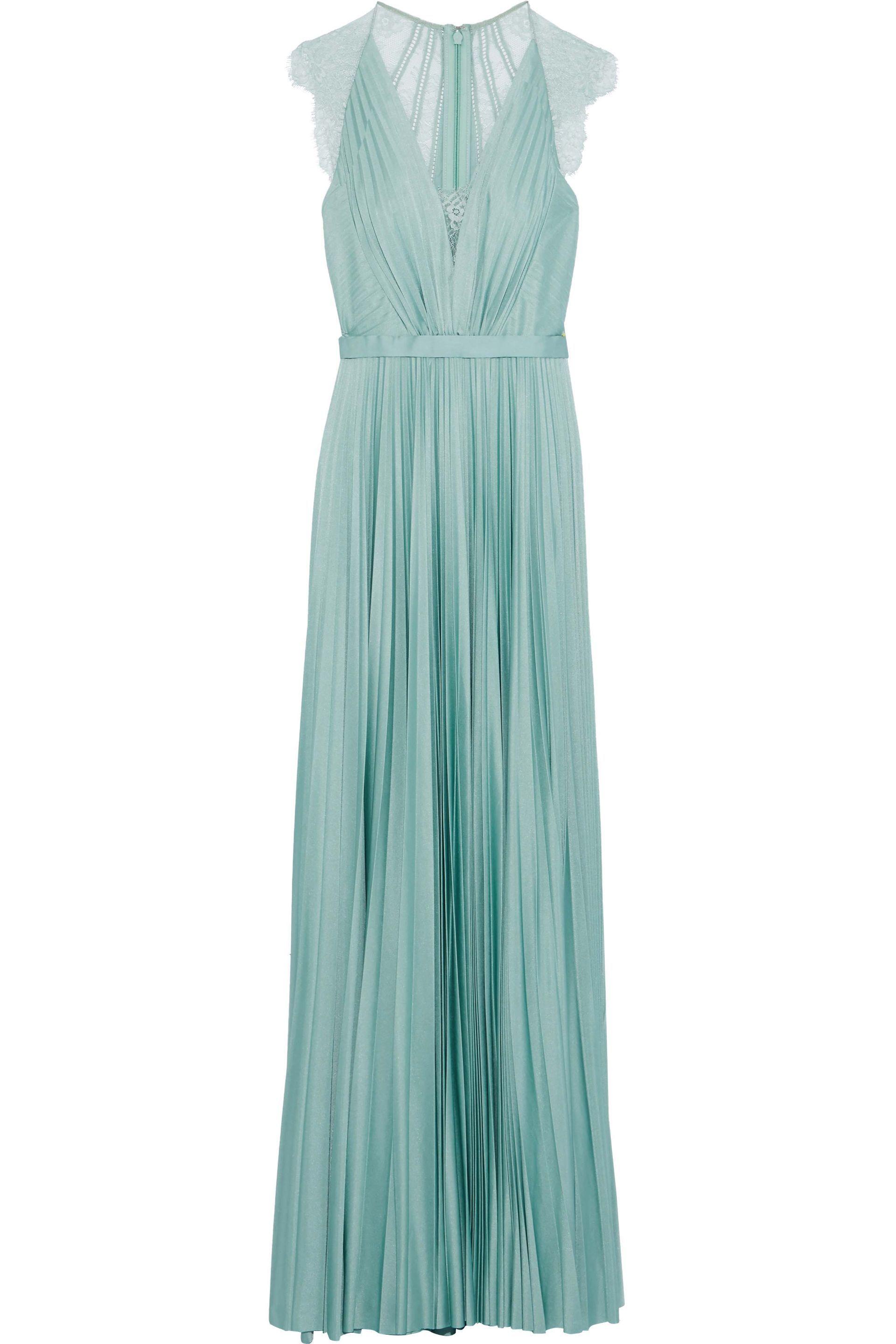 Catherine Deane Nelia Lace-paneled Pleated Satin Gown Grey Green - Lyst