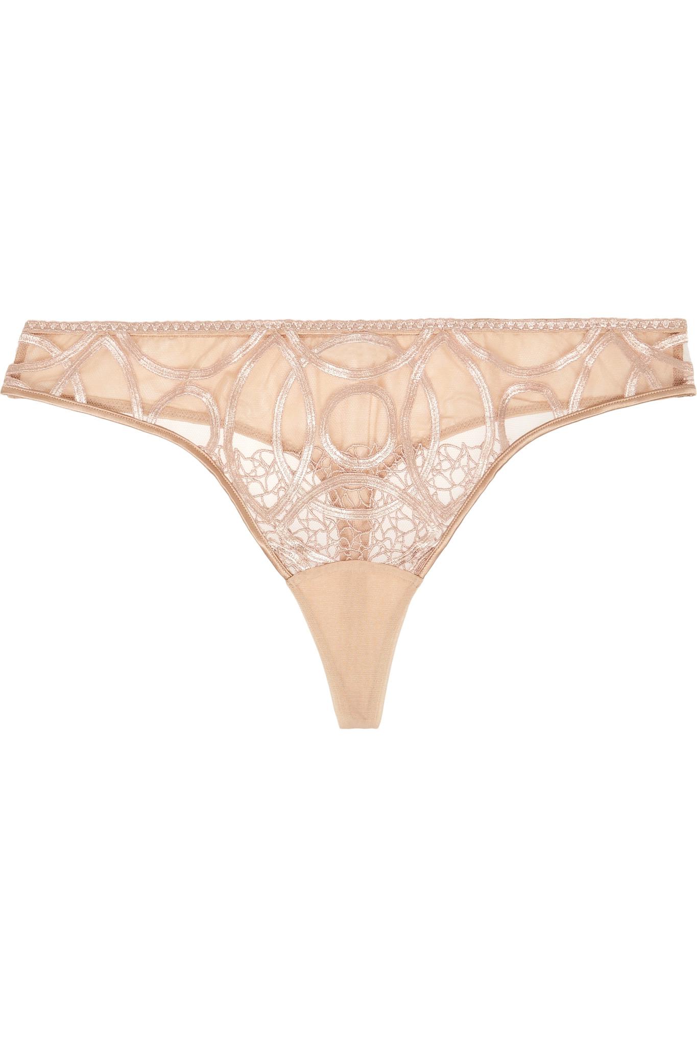 La Perla Circles Mid-rise Embroidered Stretch-tulle Thong in Natural - Lyst