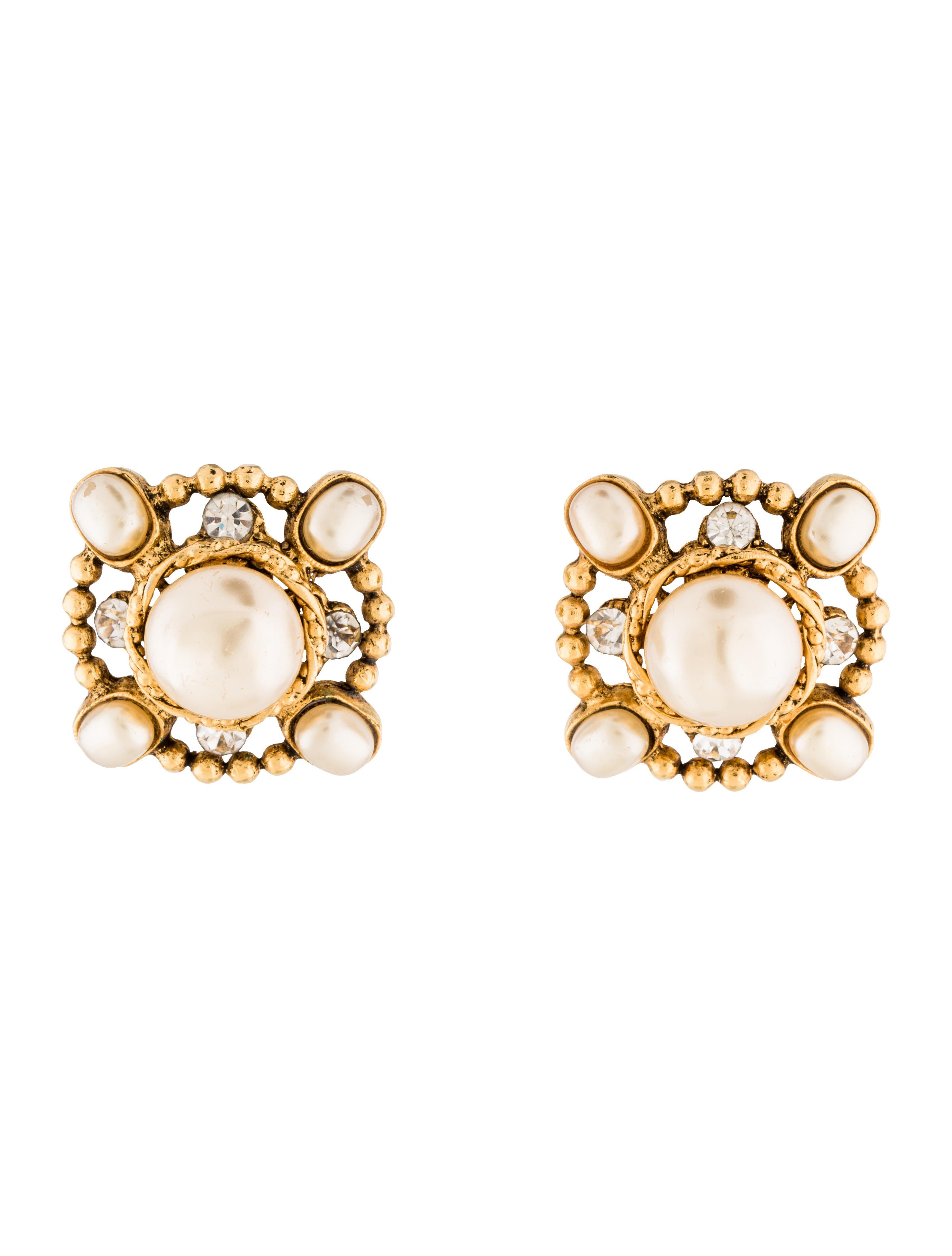 Chanel Faux Pearl Crystal Clip On Earrings Gold In Metallic Lyst Chanel Women S Metallic Faux Pearl Crystal Clip On Earrings Gold