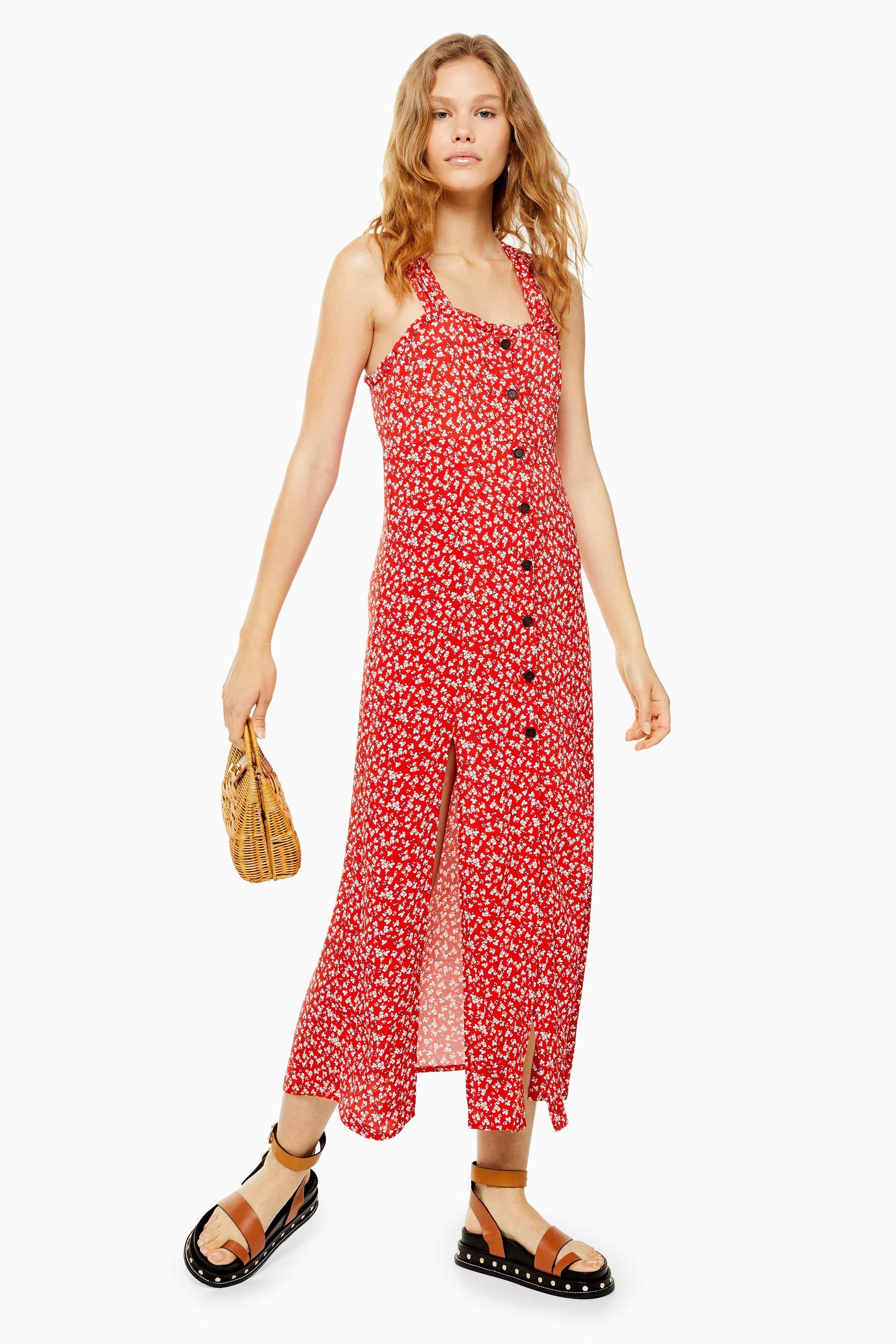 TOPSHOP Tall Ditsy Print Split Midi Dress in Red - Lyst