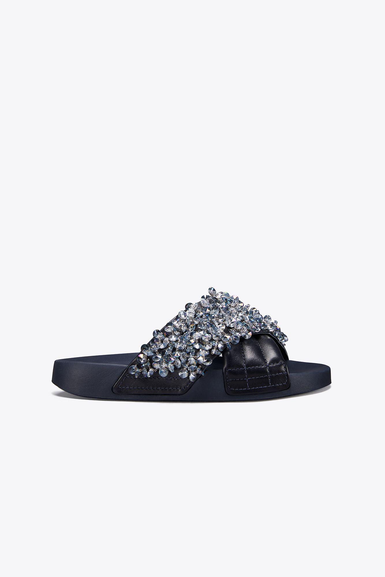 tory burch logan embellished floral slides