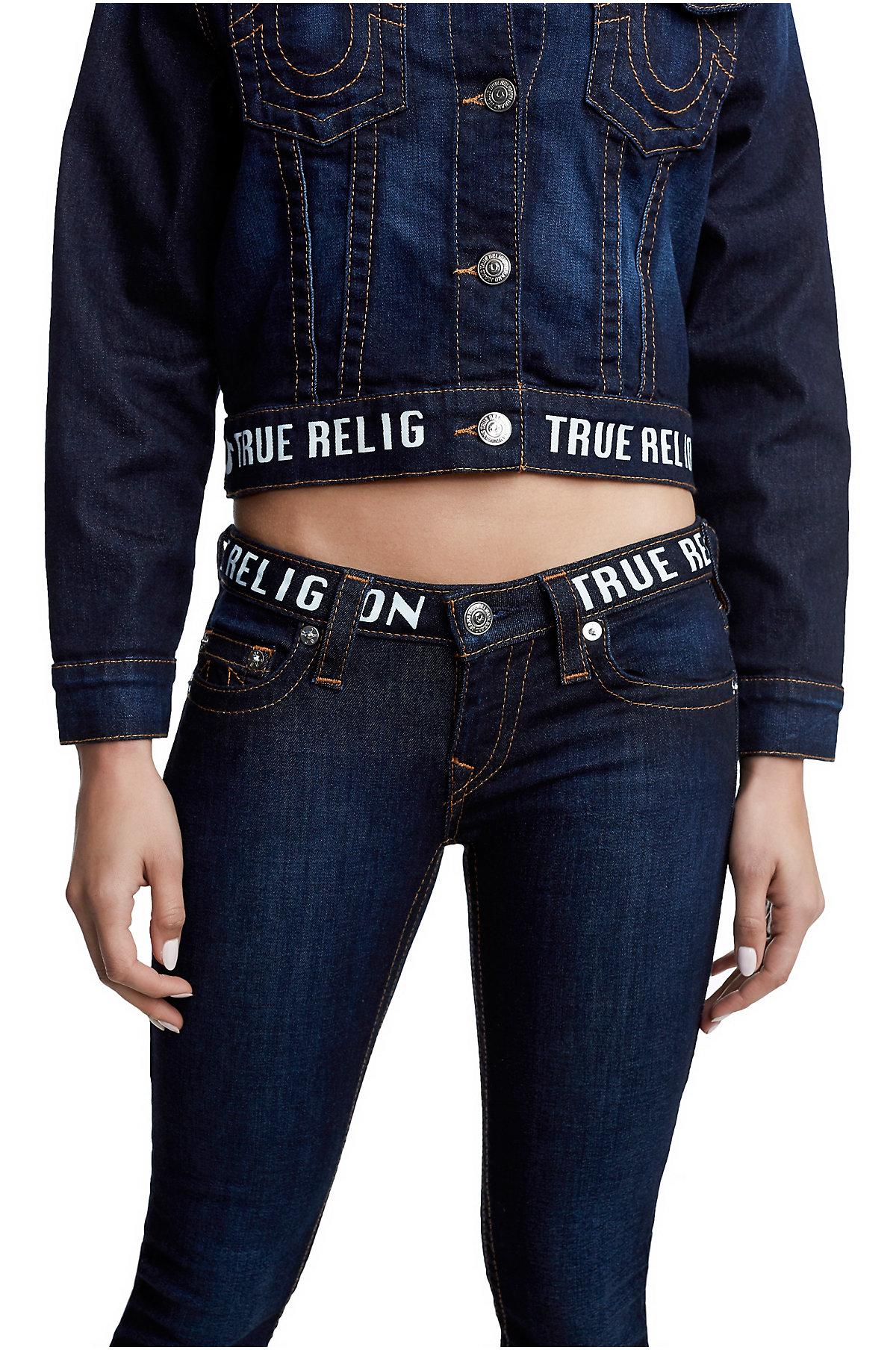 Lyst - True Religion Logo Stripe Cropped Denim Jacket in Blue