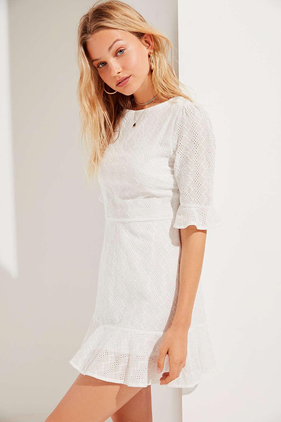Urban Outfitters Uo Embroidered Eyelet Ruffle Mini Dress in White - Lyst