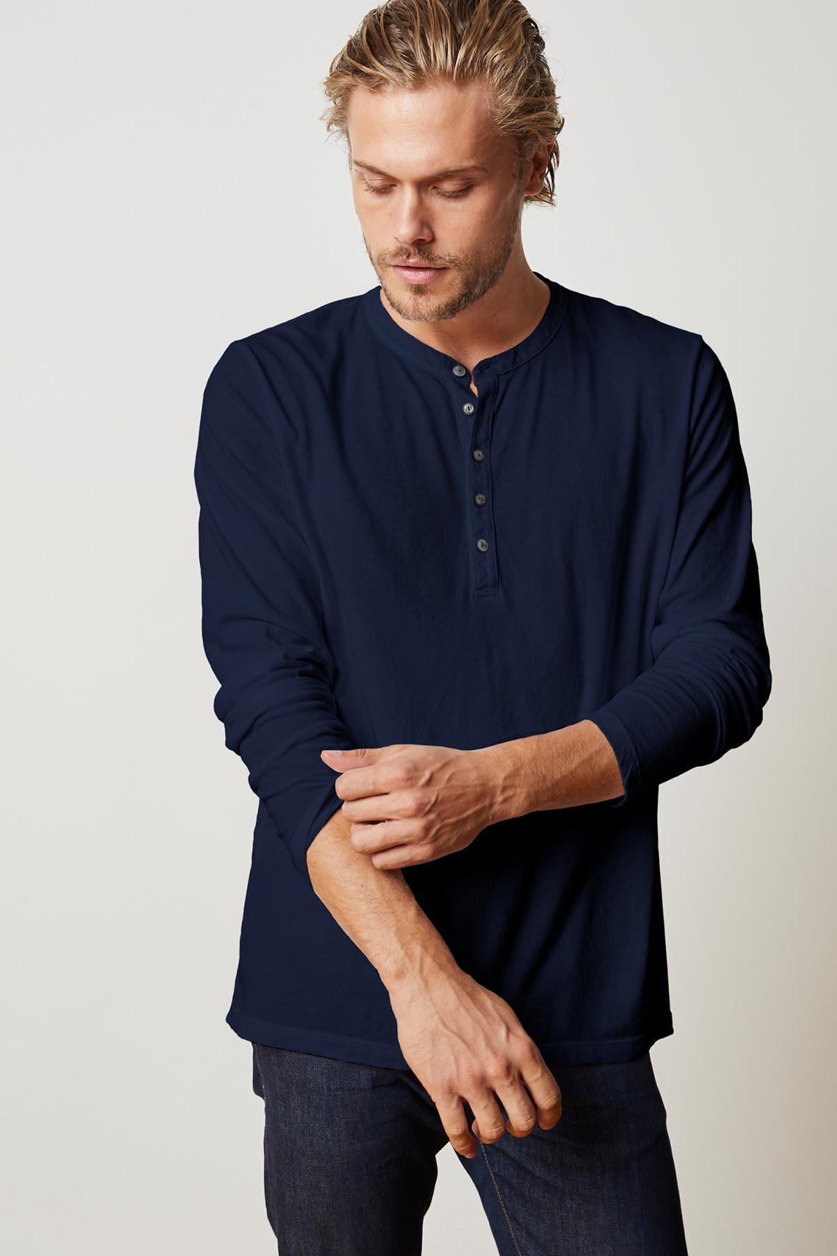 Velvet By Graham & Spencer Alvaro Cotton Jersey Henley in Midnight ...