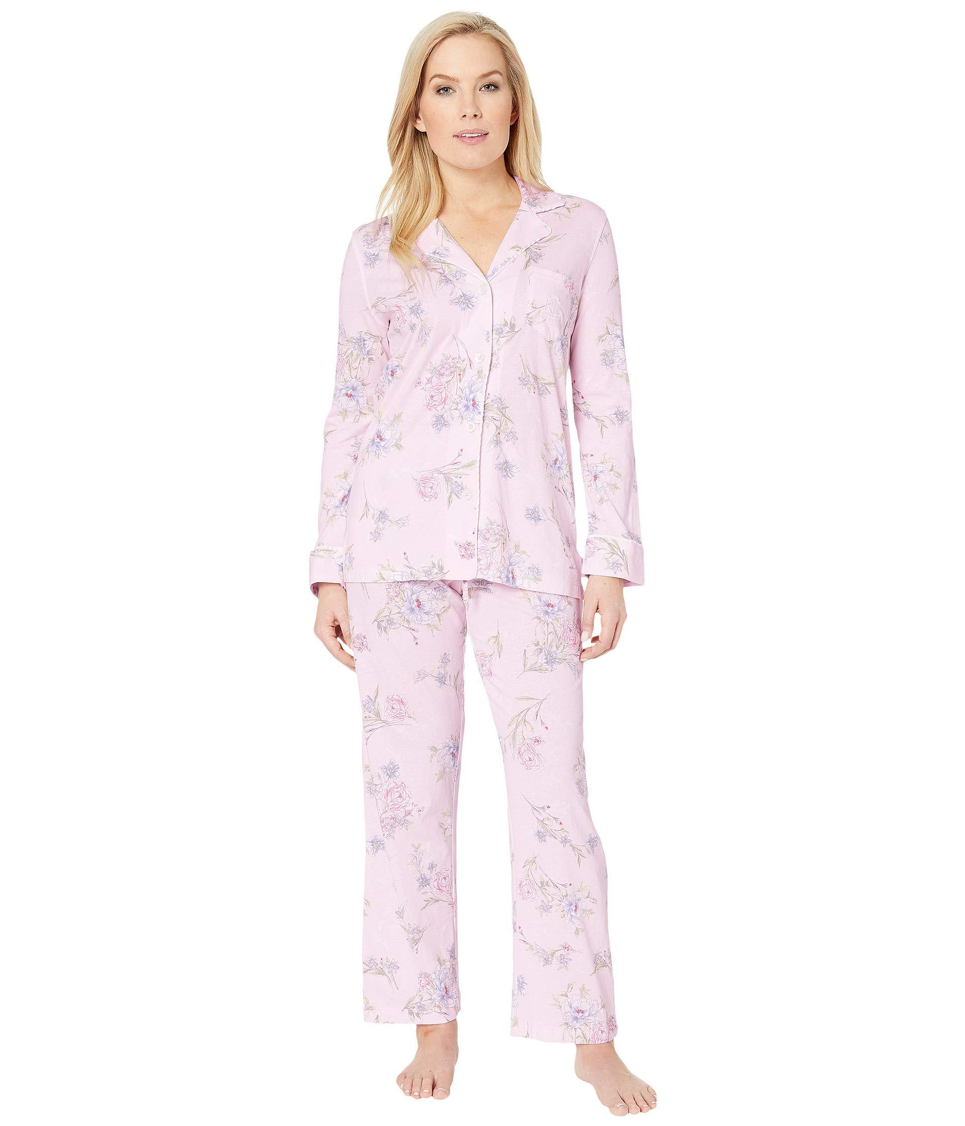 Lyst - Lauren by Ralph Lauren Petite Knit Notch Collar Pajama Set (pink ...