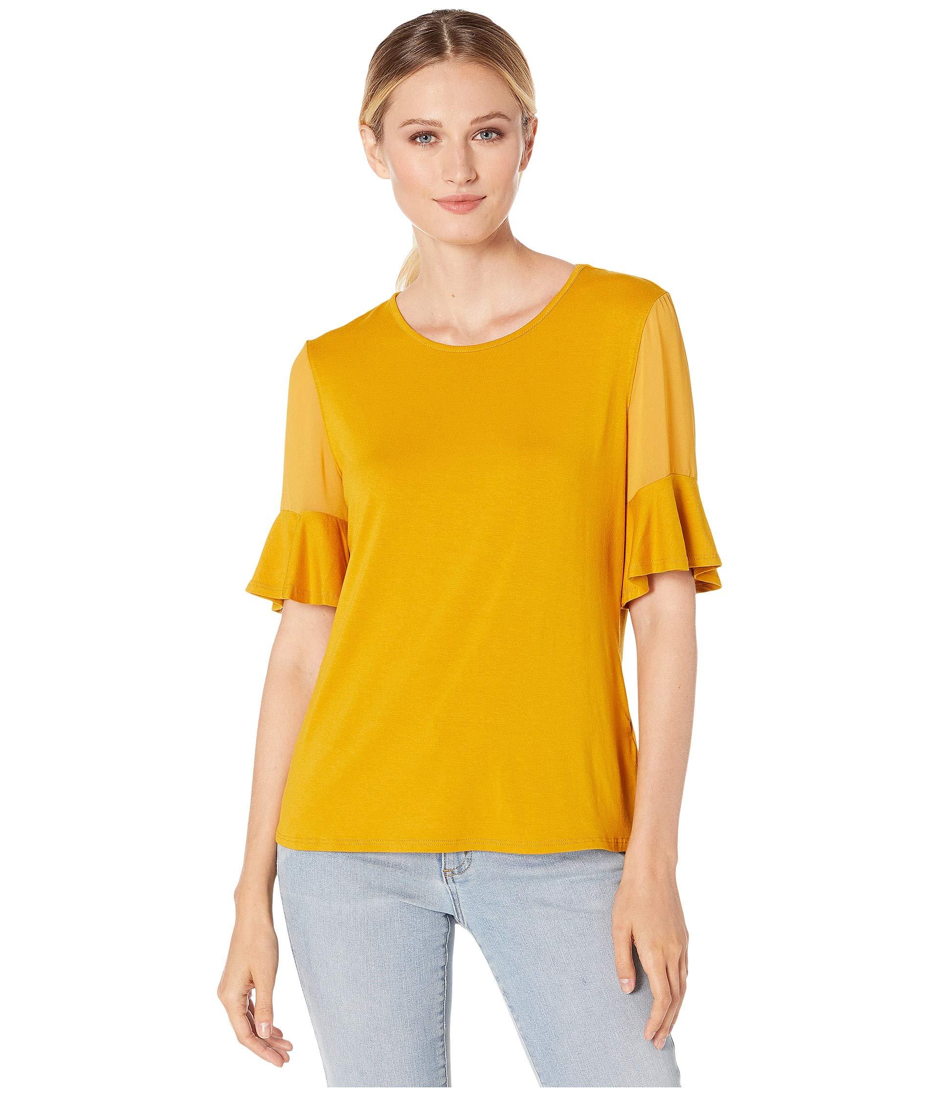 Vince Camuto Flutter Sleeve Mix Media Top W/ Chiffon Inset Blouse in ...