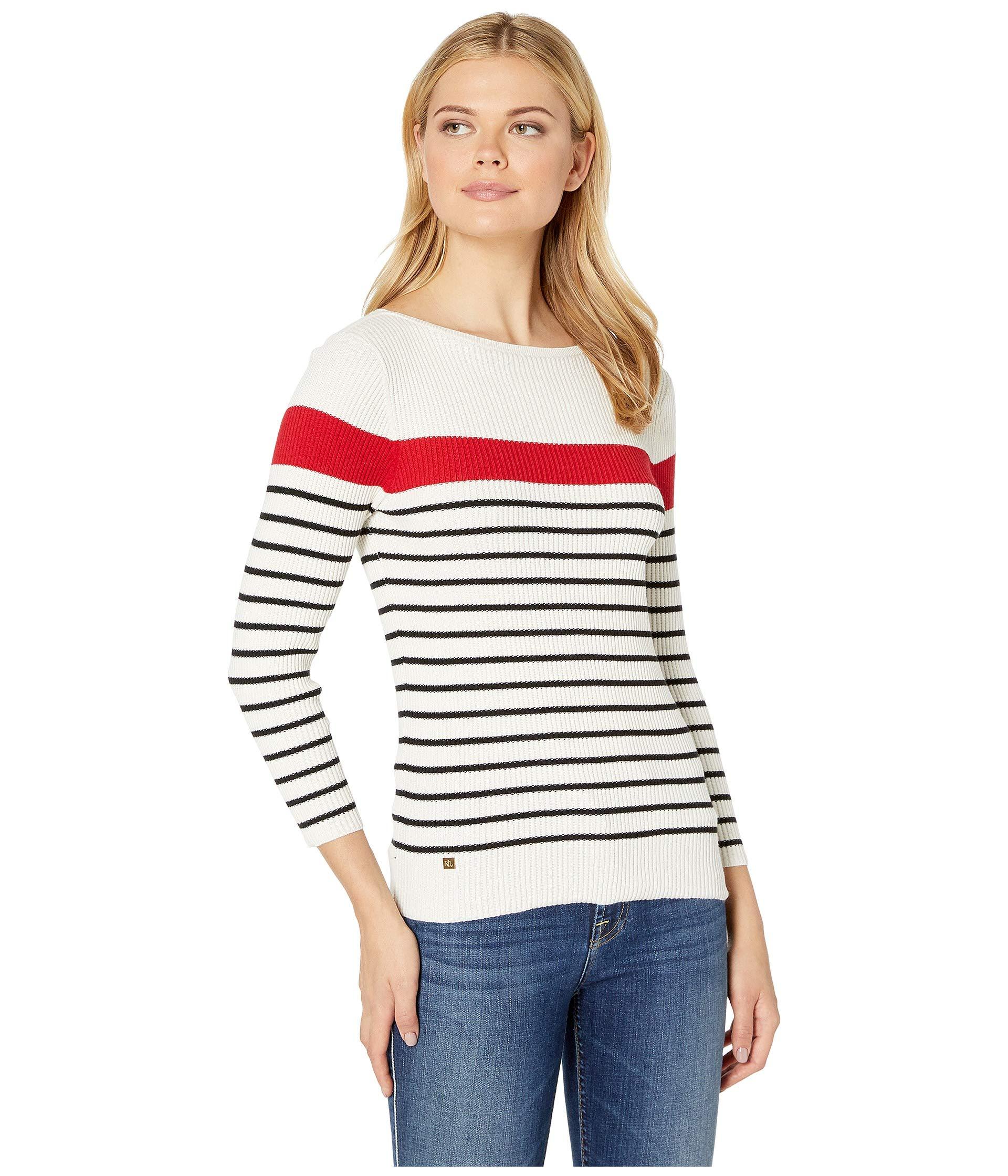 Lyst - Lauren by Ralph Lauren Cotton Blend Striped Boat Neck Sweater in Red