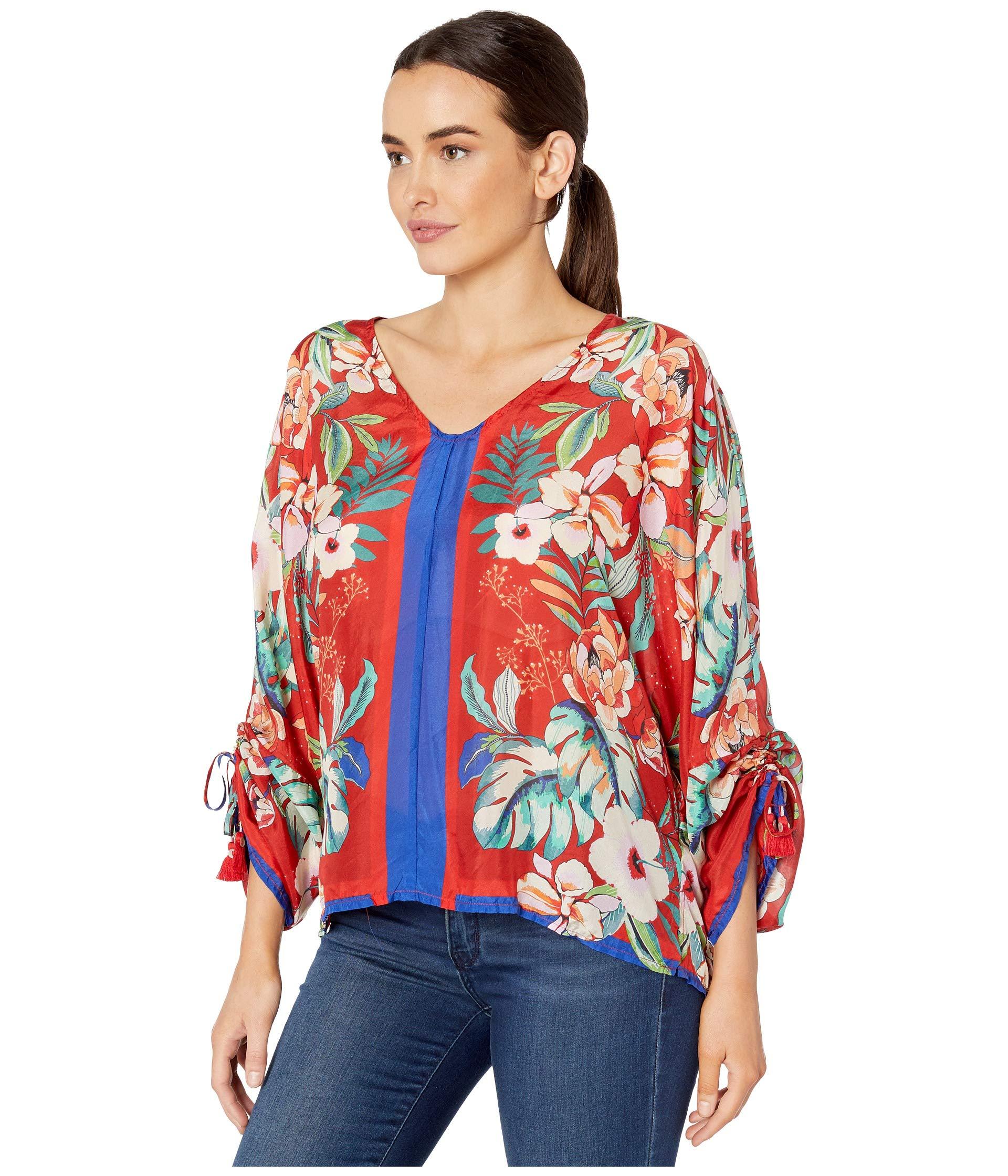Johnny Was Evy Floral V-neck Long-sleeve Silk Georgette Blouse in Red ...