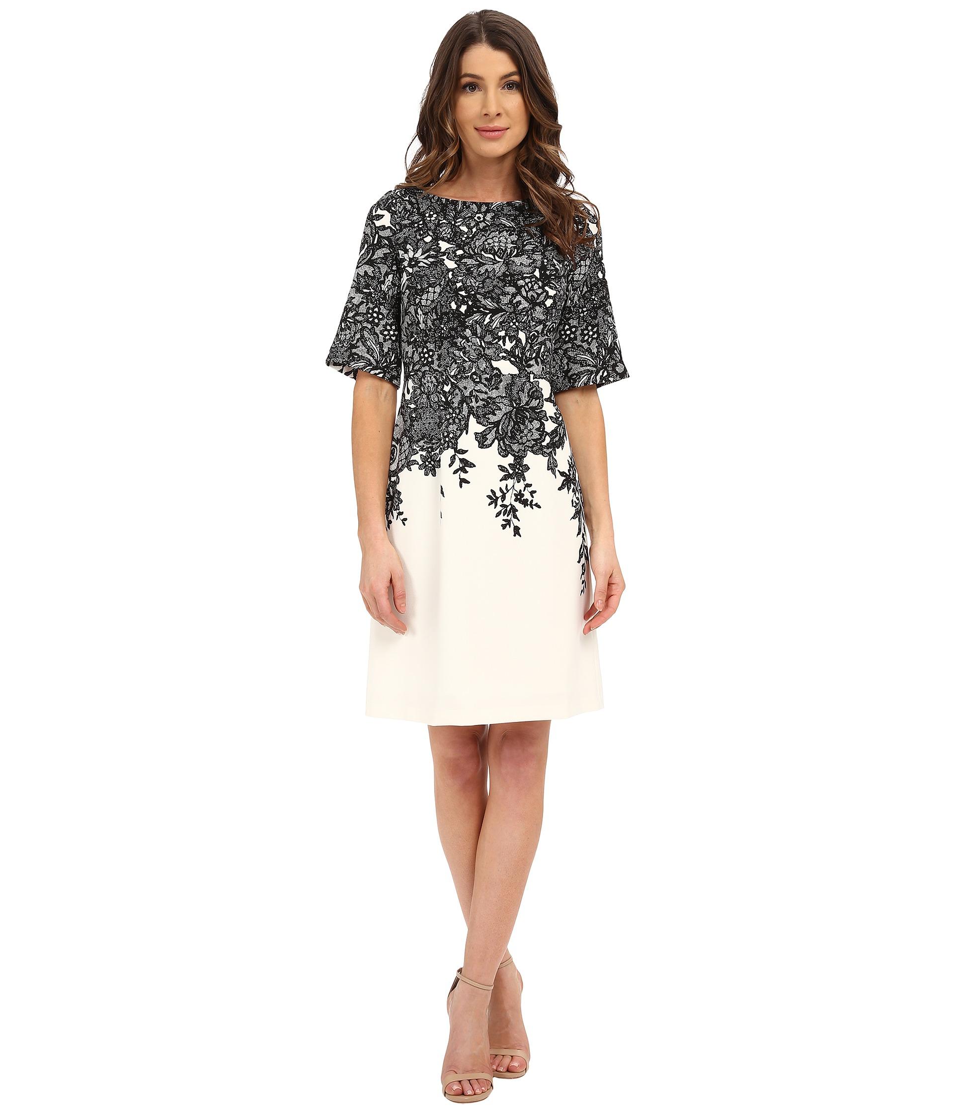 Lyst Adrianna Papell Elbow Length Bell Sleeve Aline Dress With Lace Print in Black